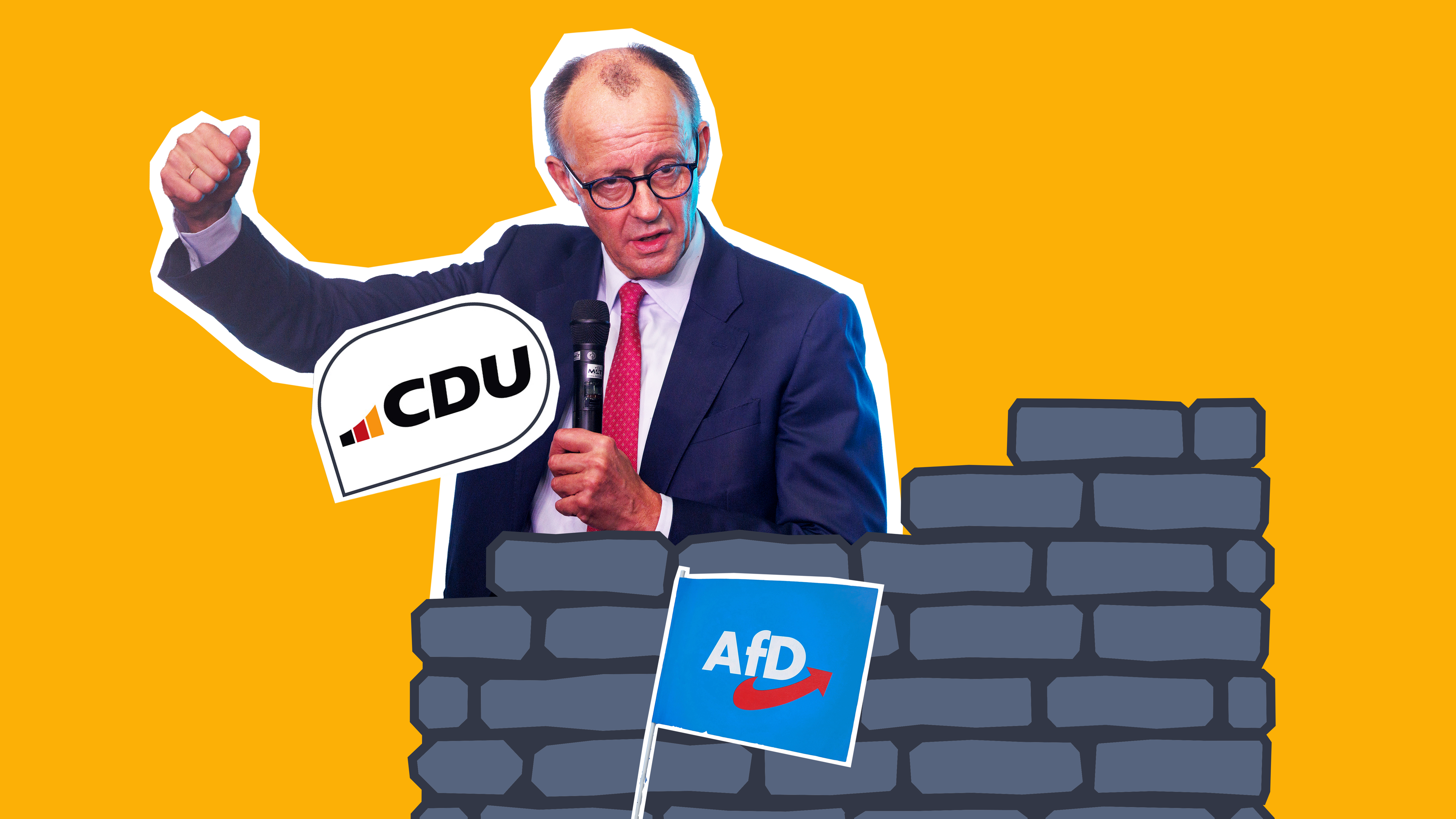 Friedrich Merz, eine grafische Mauer und das Logo der Partei AfD.