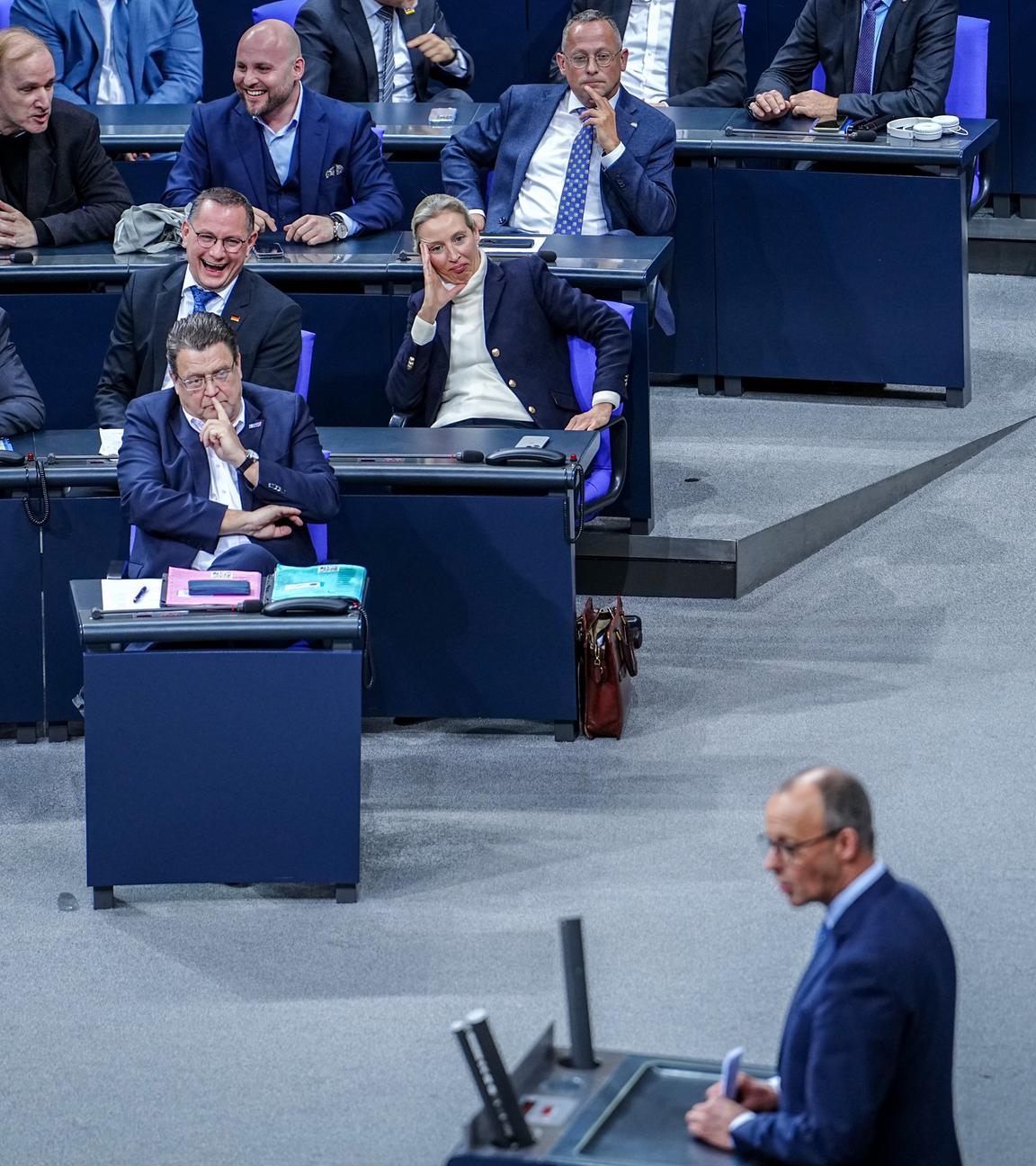 29.01.2025, Berlin: AfD-Abgeordnete mit Bernd Baumann, Tino Chrupalla, AfD-Bundesvorsitzender und Fraktionsvorsitzender der AfD, Stephan Brandtner und Alice Weidel, Fraktionsvorsitzende der AfD, lachen nach der Abstimmung während der Rede von Friedrich Merz, CDU-Bundesvorsitzender (vorne). 