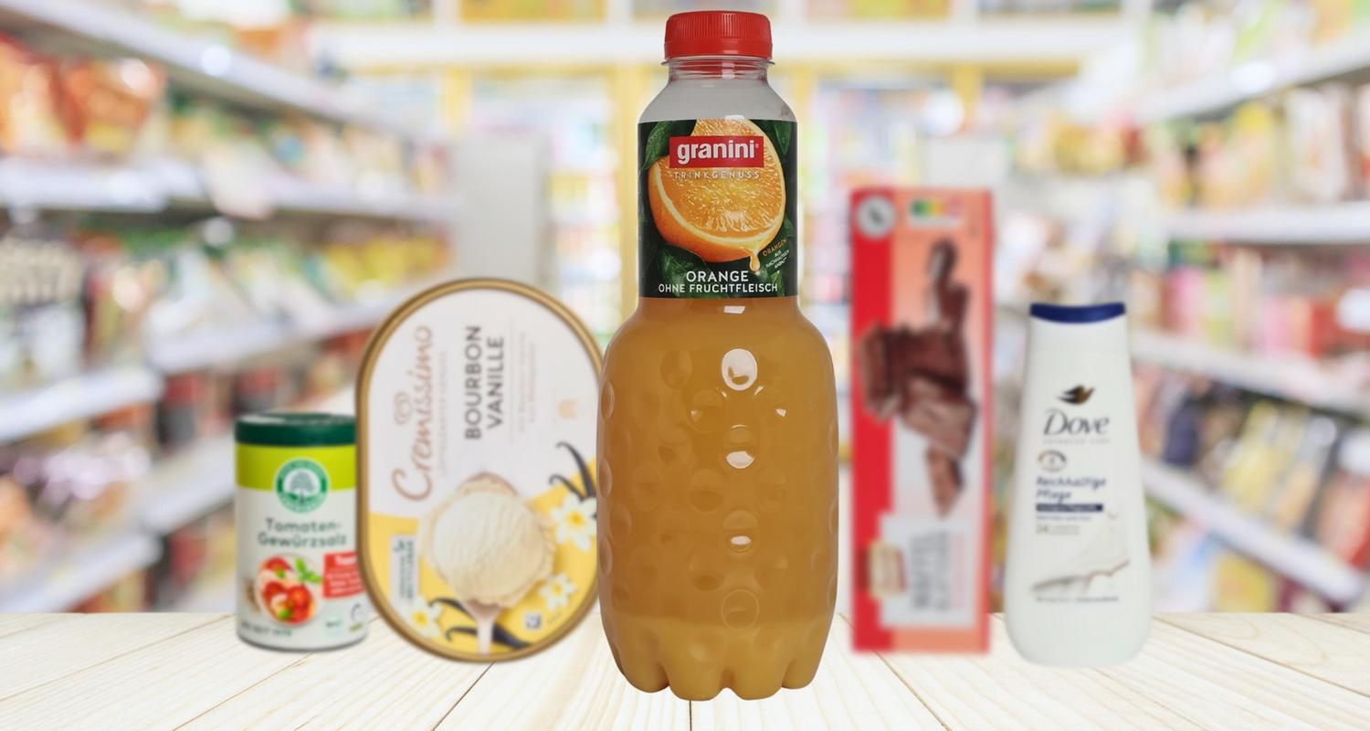 Die Kandidaten zur Wahl der Mogelpackung des Jahres 2024: Lebensbaum Tomaten-Gewürzsalz von Ulrich Walter, Cremissimo Bourbon Vanille von Unilever, Granini Trinkgenuss Orange von Eckes-Granini, Biscotto Waffelblättchen von Aldi Nord, Dove Duschcreme von Unilever