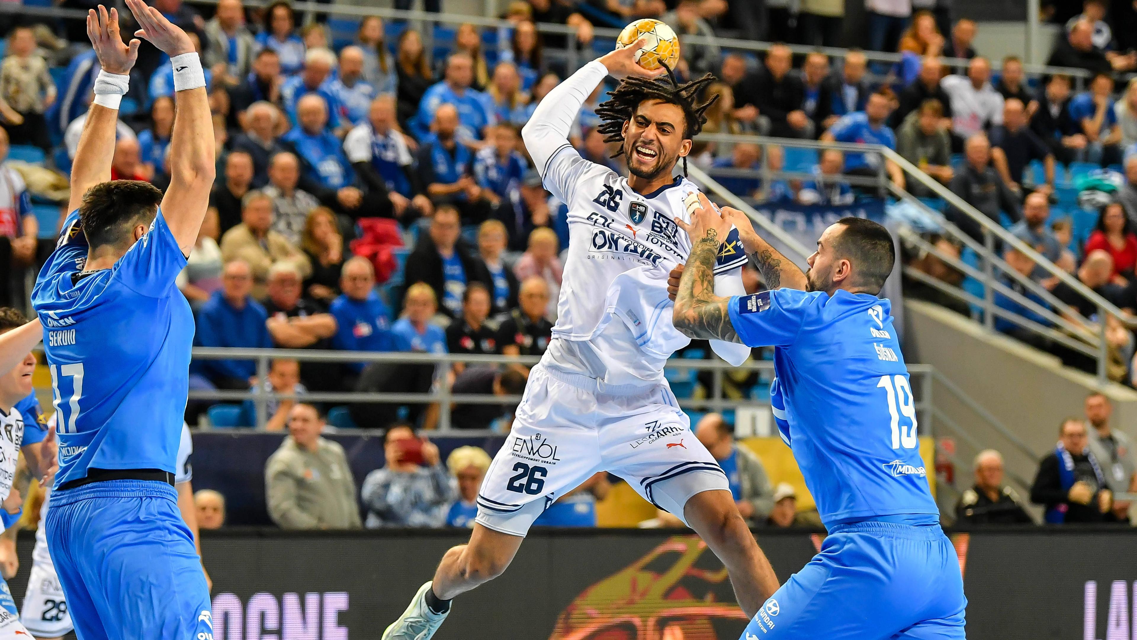 Bryan Monte (Montpellier) im Champions-League-Spiel gegen Wisla Plock beim Sprungwurf