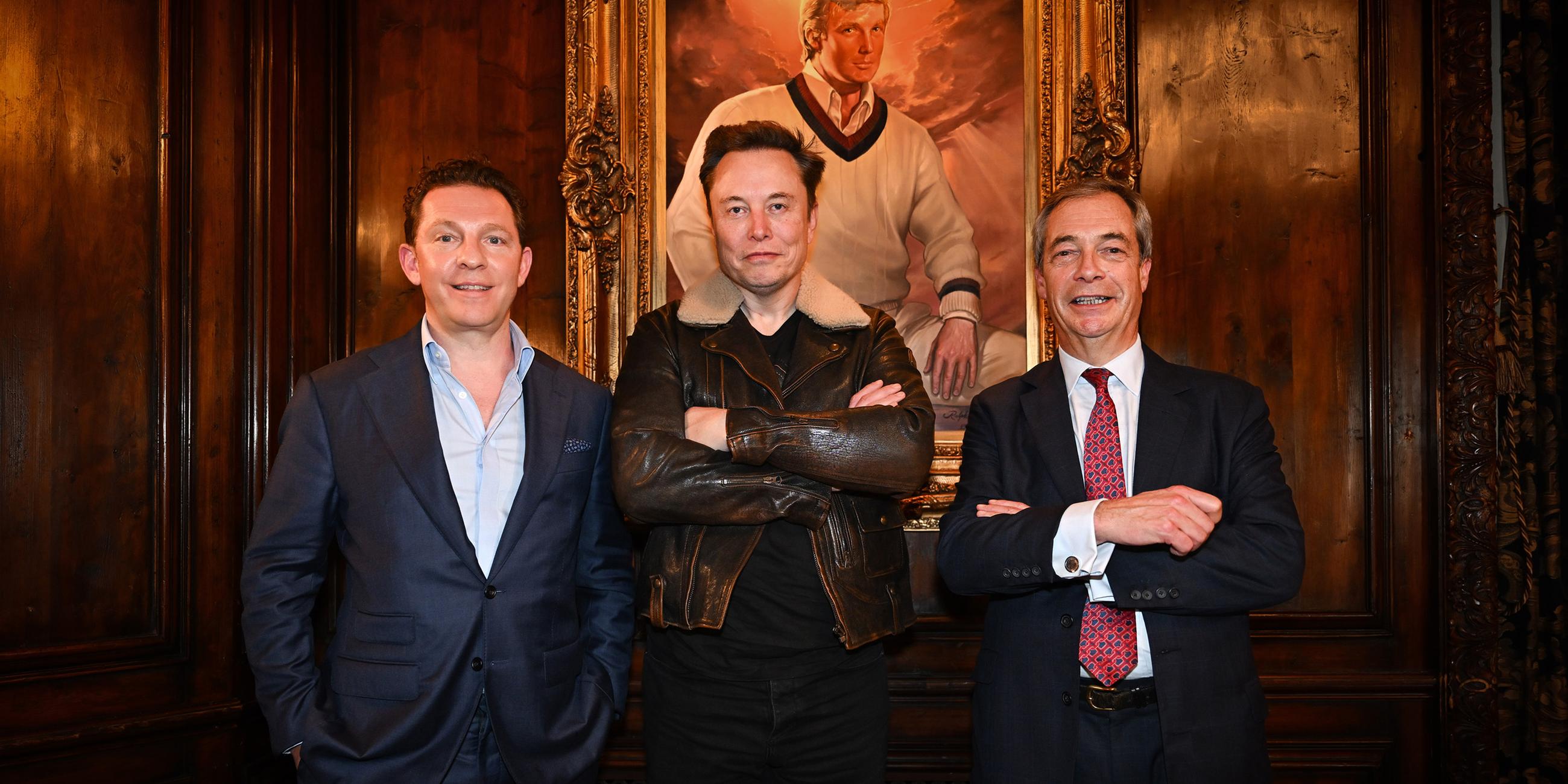 Nick Candy, Elon Musk und Nigel Farage (v.l.n.r.)