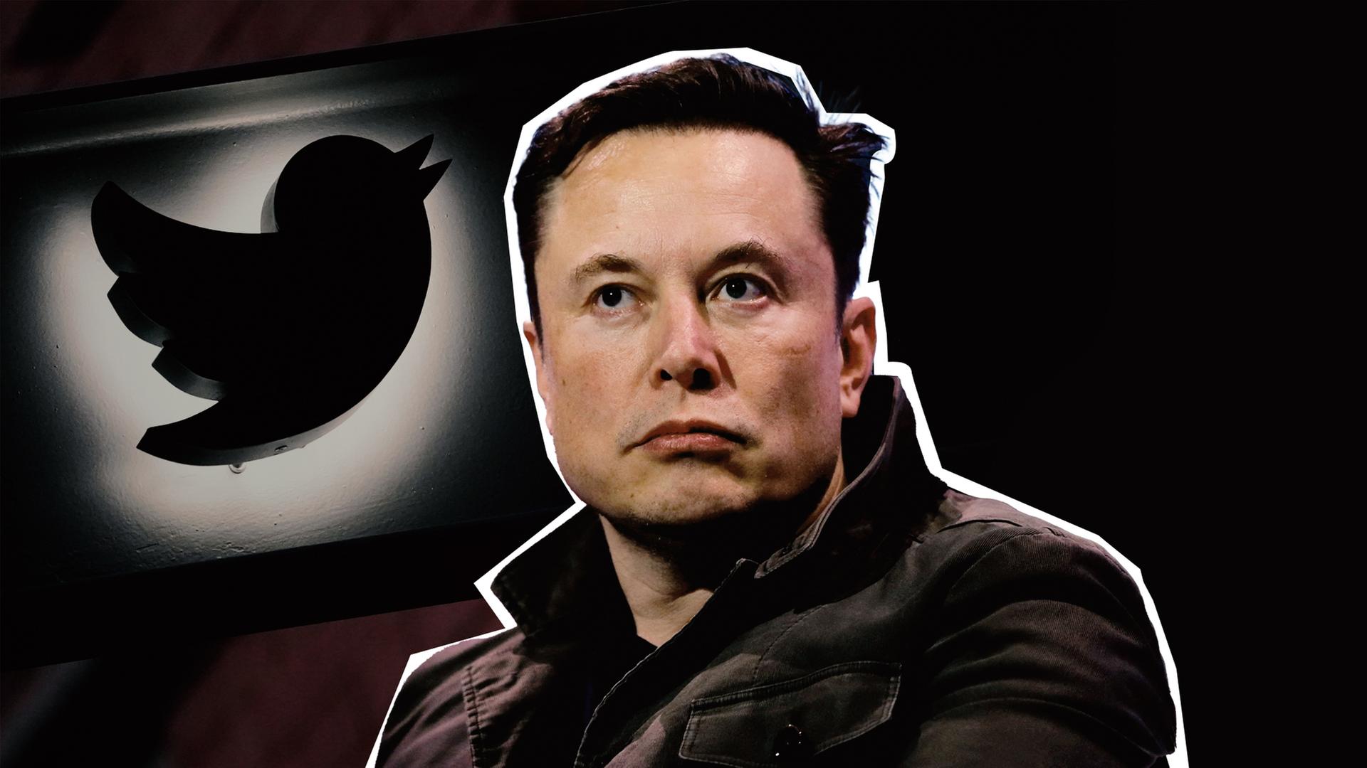 Eine Collage: Links das Twitter-Symbol in schwarz mit weißen Umrissen, rechts ein ausgeschnittener Elon Musk.