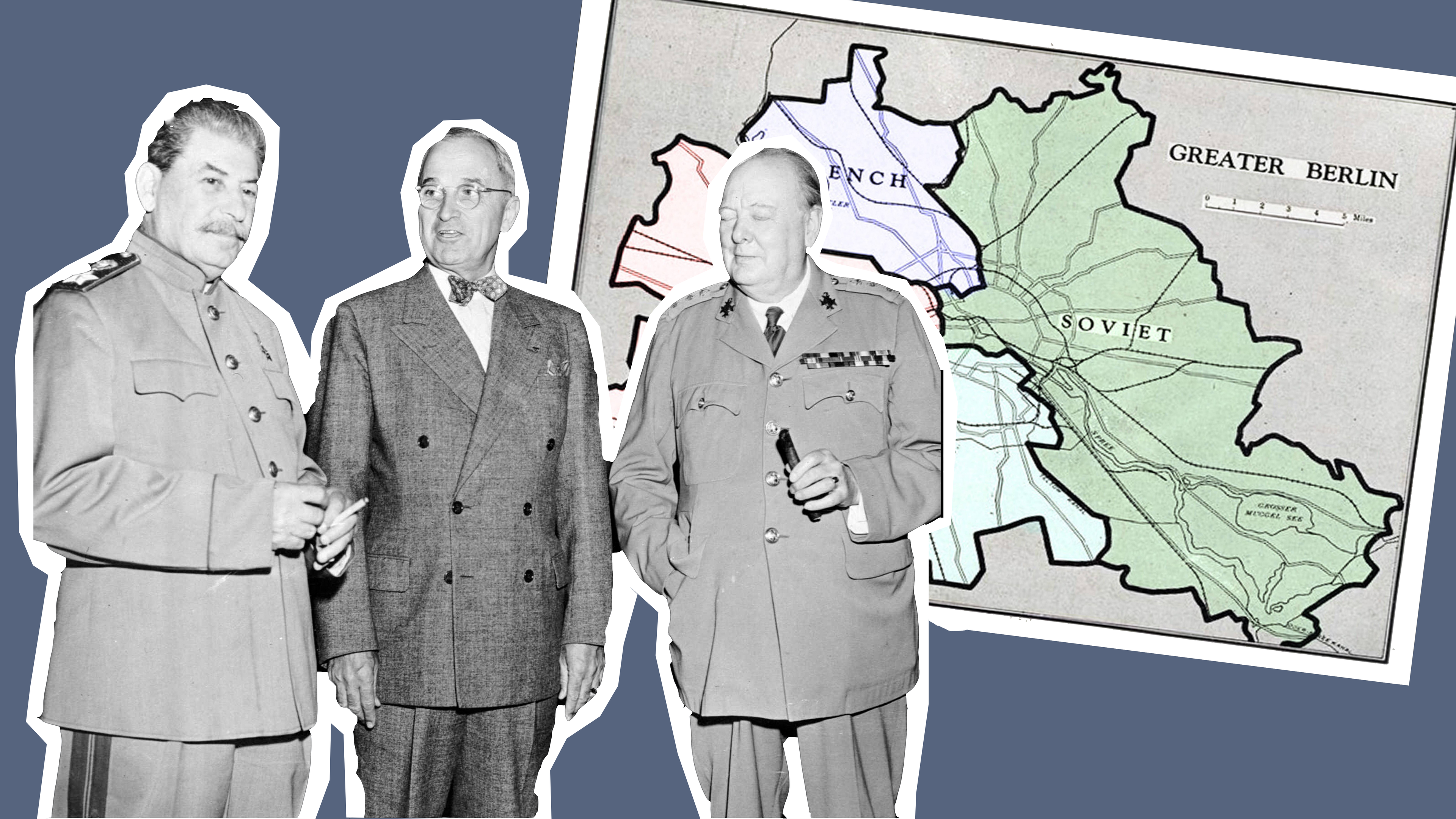 Stalin, Truman und Churchill mit einer Karte des sektorengeteilten Berlins