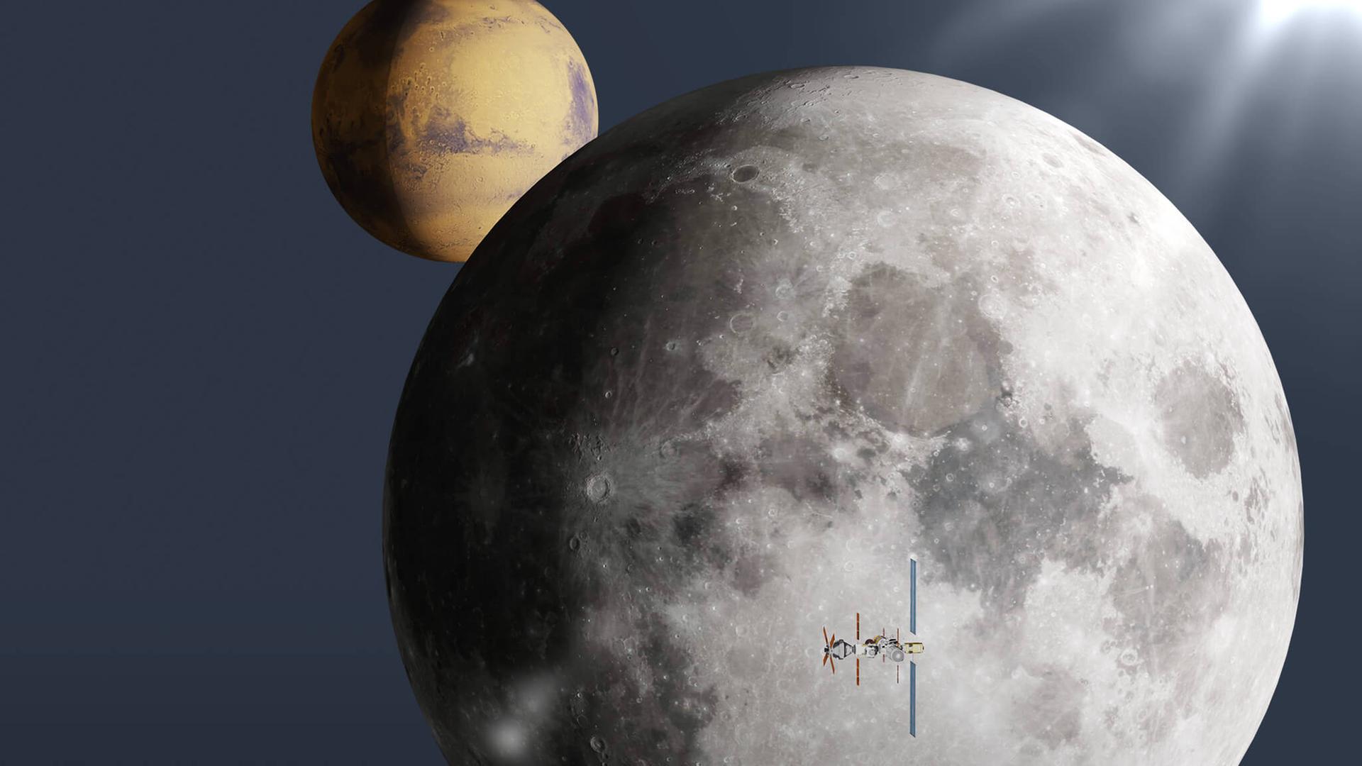 Auf der Illustration ist im vorderen Teil des Bildes die orbitale Raumstation der Artemis Mission zu sehen. Dahinter reihen sich der Mond und der Mars auf. 
