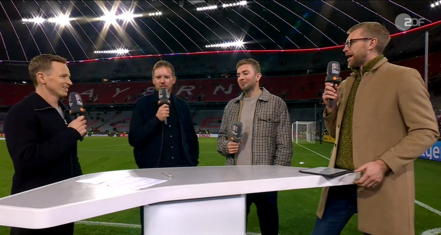 Deutschlands Bundestrainer Julian Nagelsmann im Interview mit den ZDF-Experten Christoph Kramer und Per Mertesacker und Moderator Jochen Breyer.