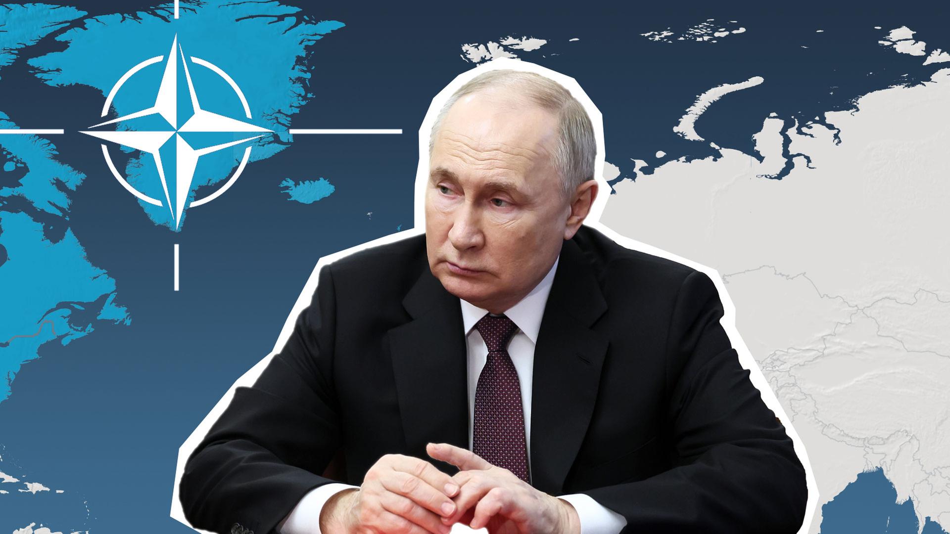 Putin ist abgebildet vor einer Karte der Mitgliedsstaaten der Nato. 