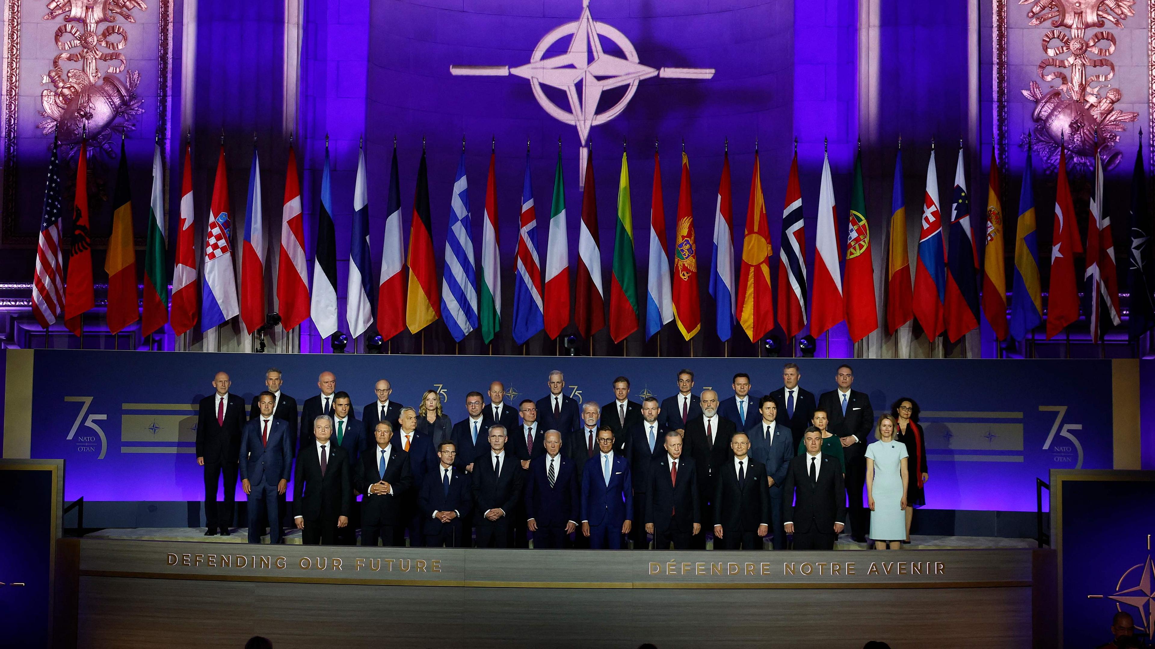 WASHINGTON, DC - JULY 10: Heads of state pose for a group photo during the NATO 75th anniversary celebratory event at the Andrew Mellon Auditorium on July 9, 2024 in Washington, DC. NATO leaders convene in Washington this week for its annual summit to discuss their future strategies and commitments, and mark the 75th anniversary of the alliance_s founding.