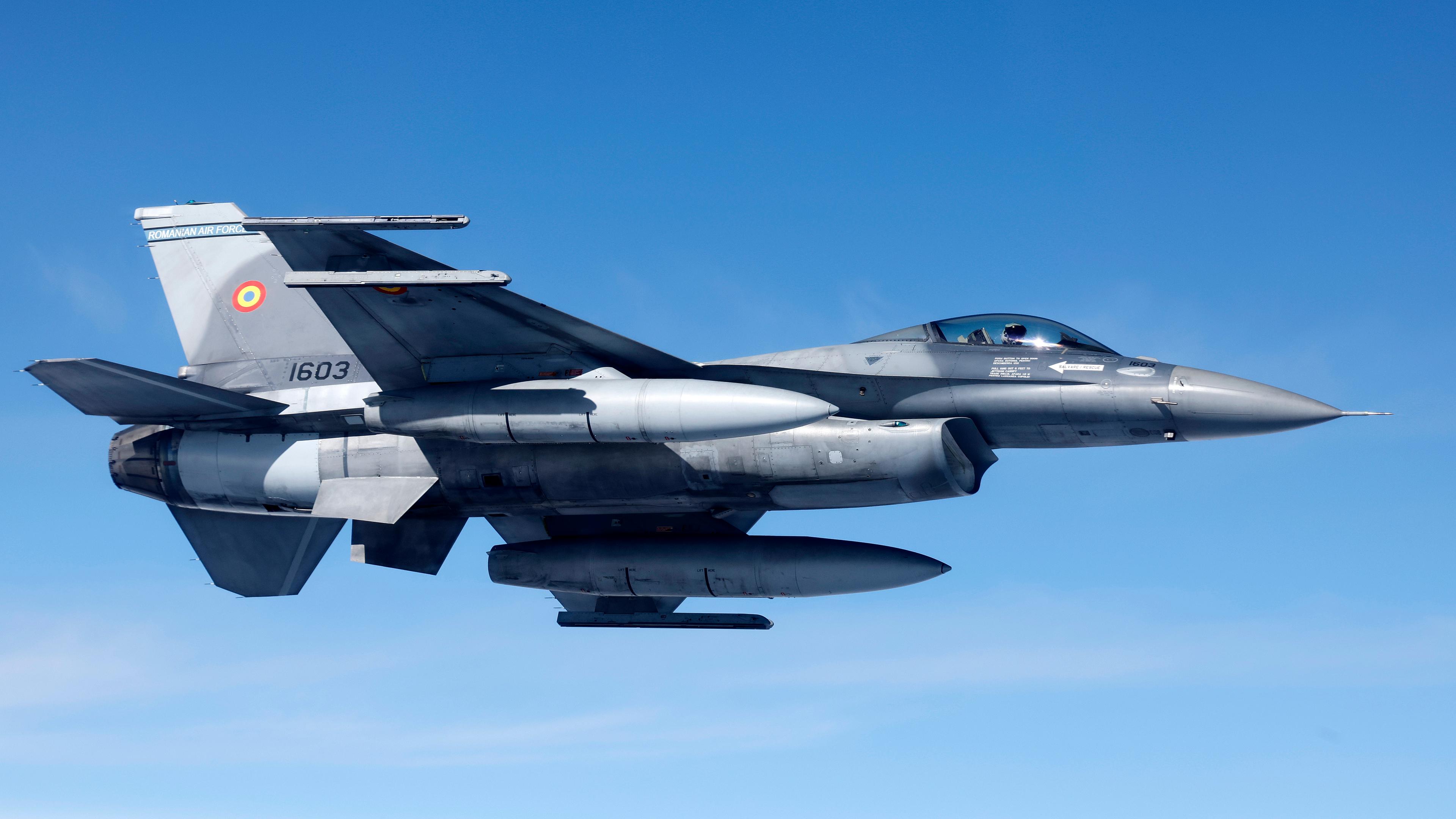 A Romanian Air Force F-16 fighter jet participates in exercise 'Ramstein Flag 2024' in Greece