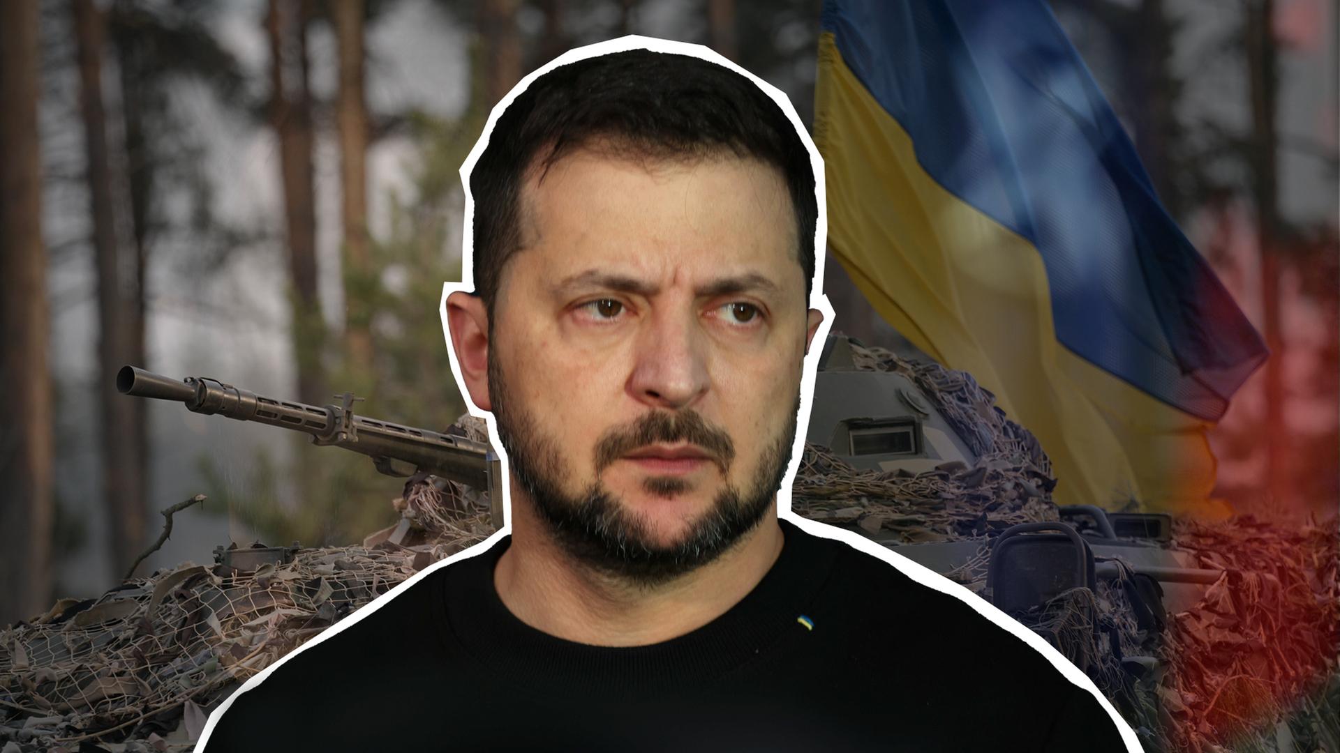 Wolodymyr Selenskyj vor Panzer und ukrainischer Flagge