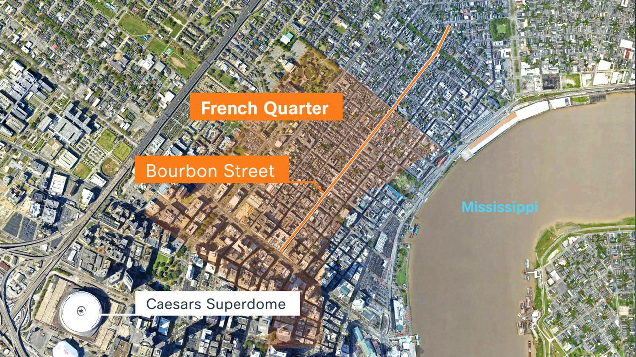 Die Satellitenkarte zeigt die Bourbon Street und das French Quarter in New Orleans.