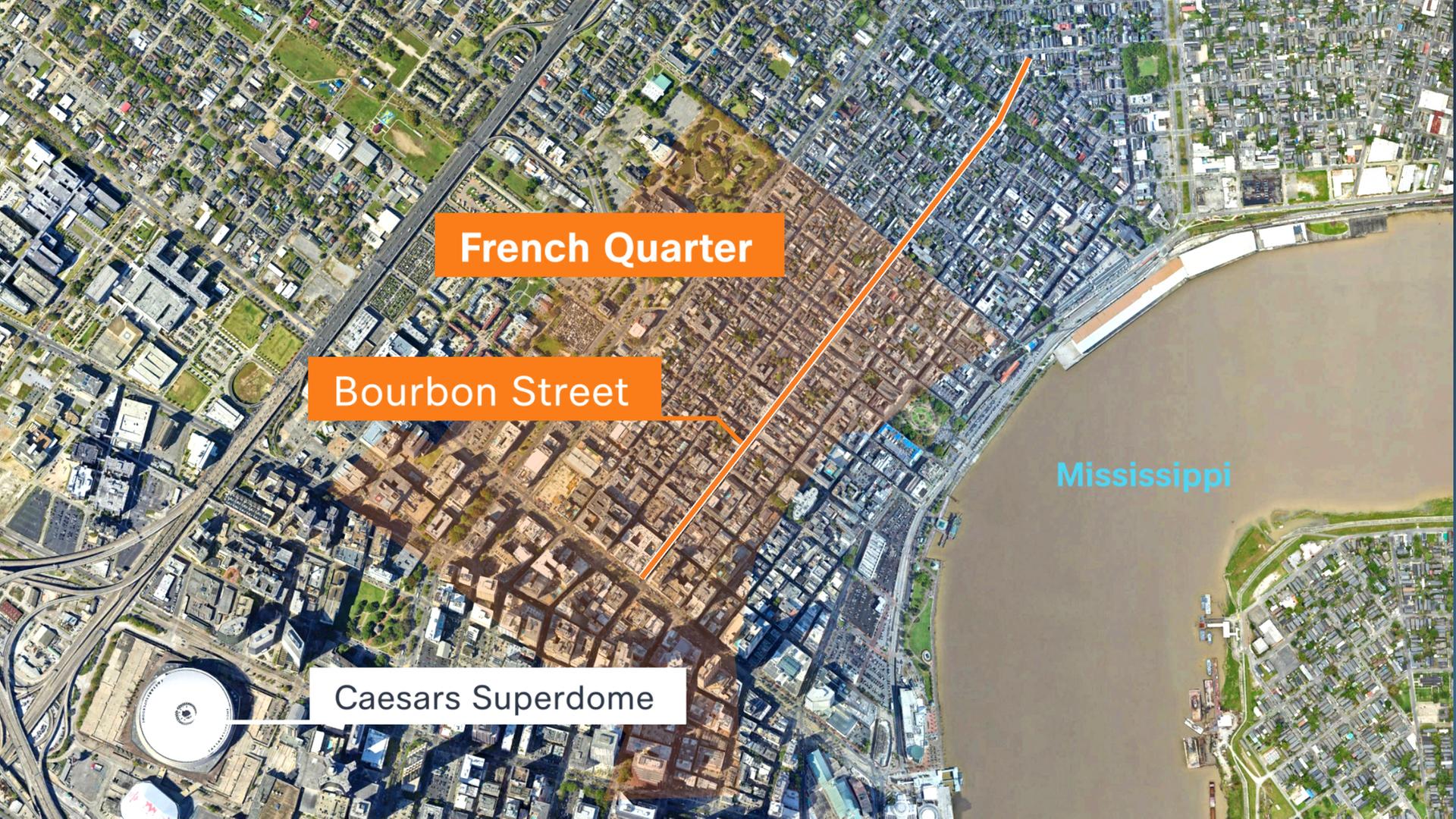 Die Satellitenkarte zeigt die Bourbon Street und das French Quarter in New Orleans.