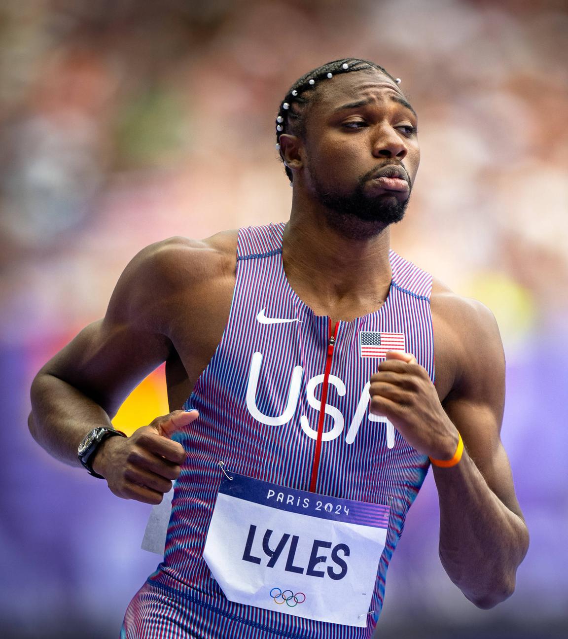 US-Amerikaner Noah Lyles beim 100m-Rennen am 03.08.2024.