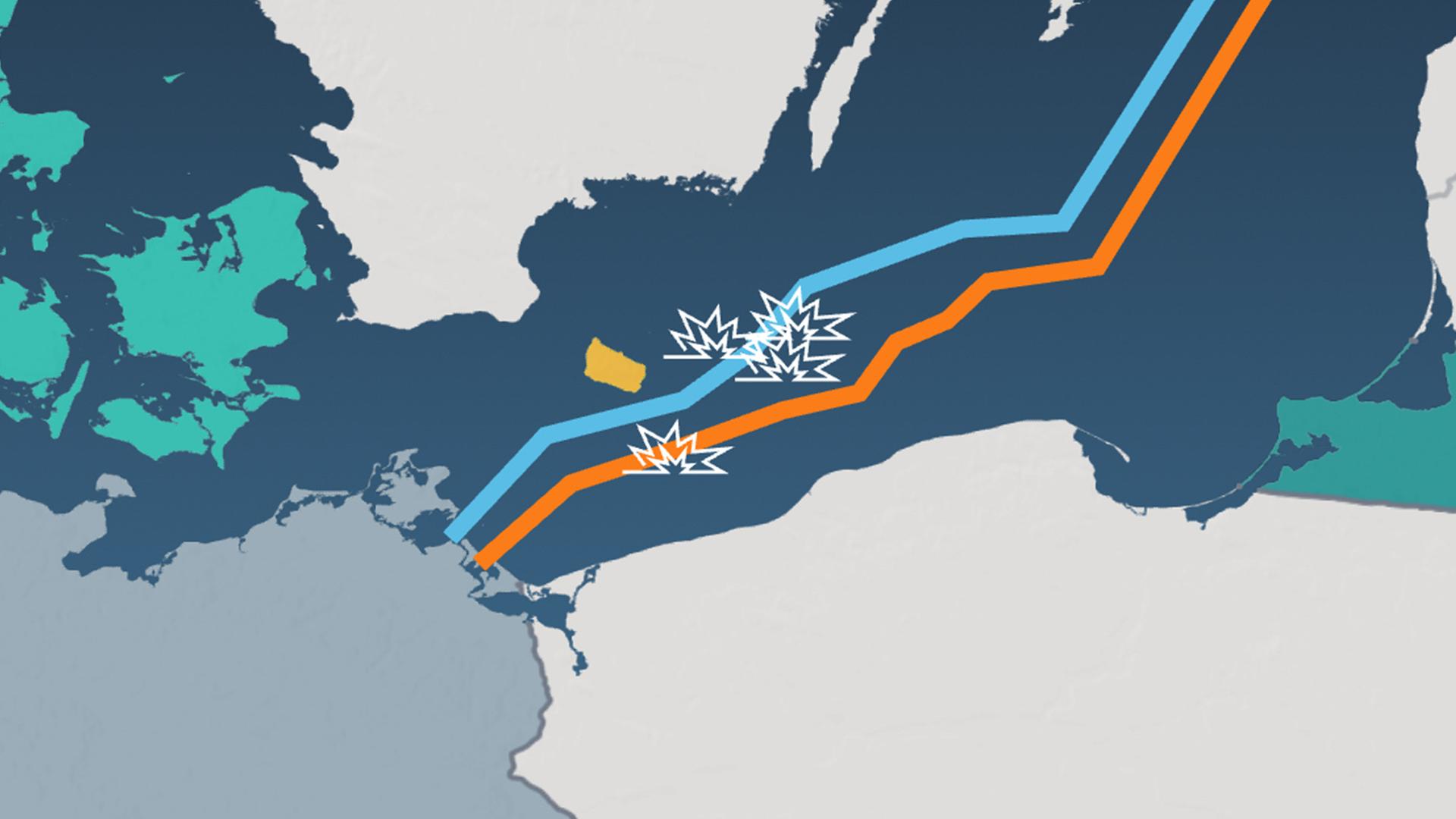 Karte von Nordeuropa, Explosion der Pipelines symbolisch dargestellt