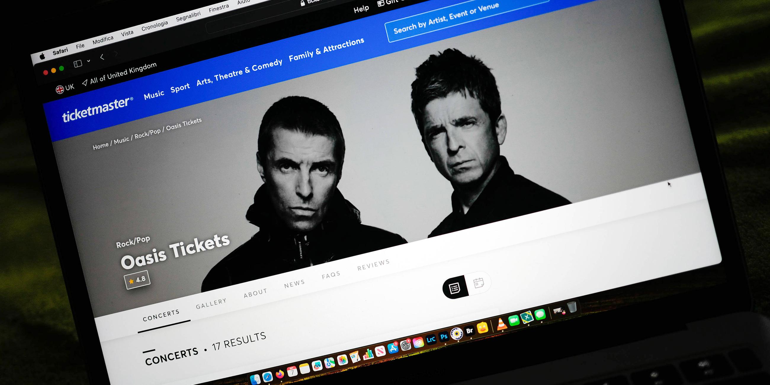 Die Seite von Ticketmaster zu den Oasis-Konzerten wird am 7. September 2024 auf dem Bildschirm eines Laptops in London, England, angezeigt