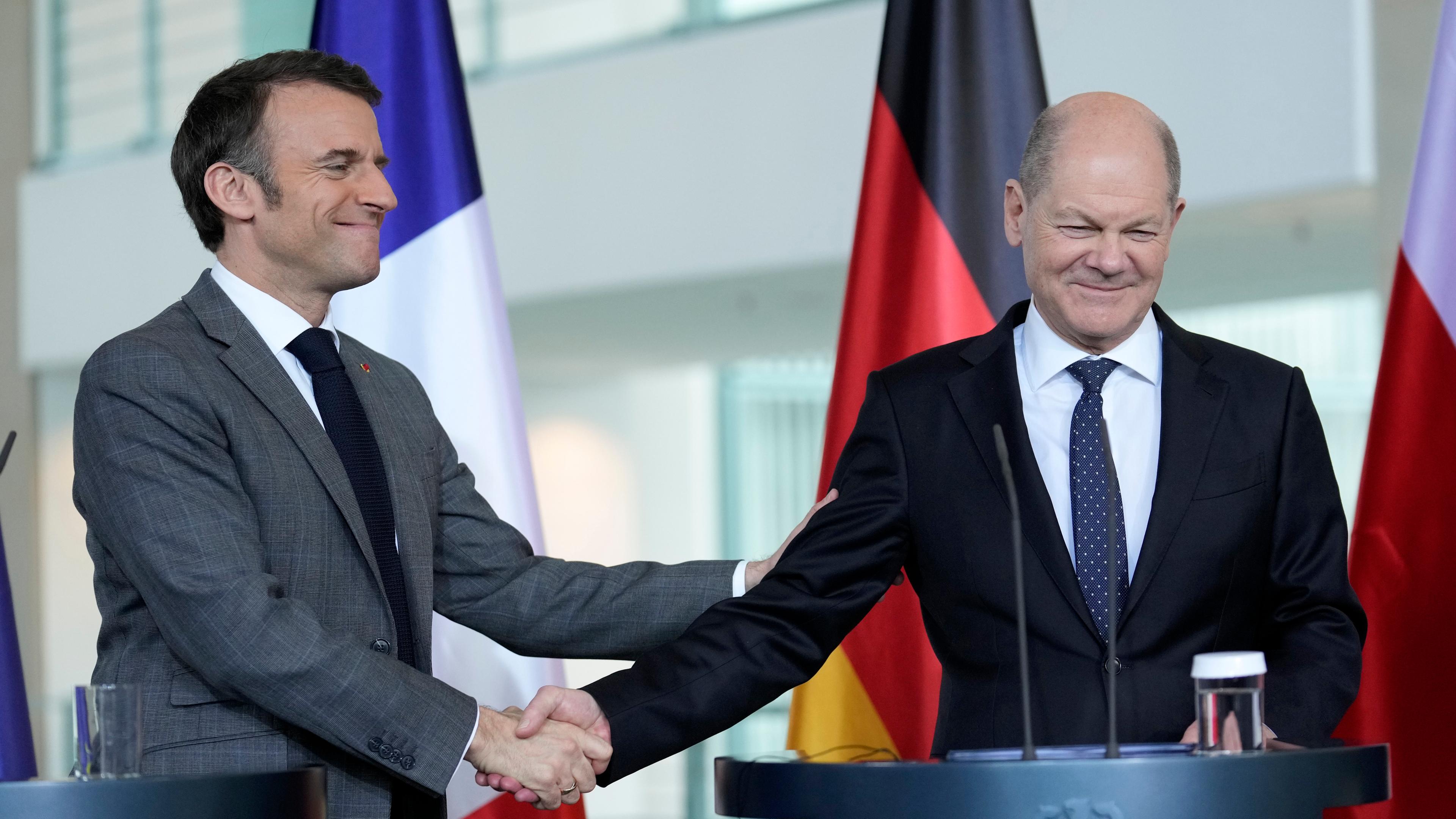 Olaf Scholz und Emmanuel Macron auf einer Pressekonferenz in Berlin, 15.03.2024.