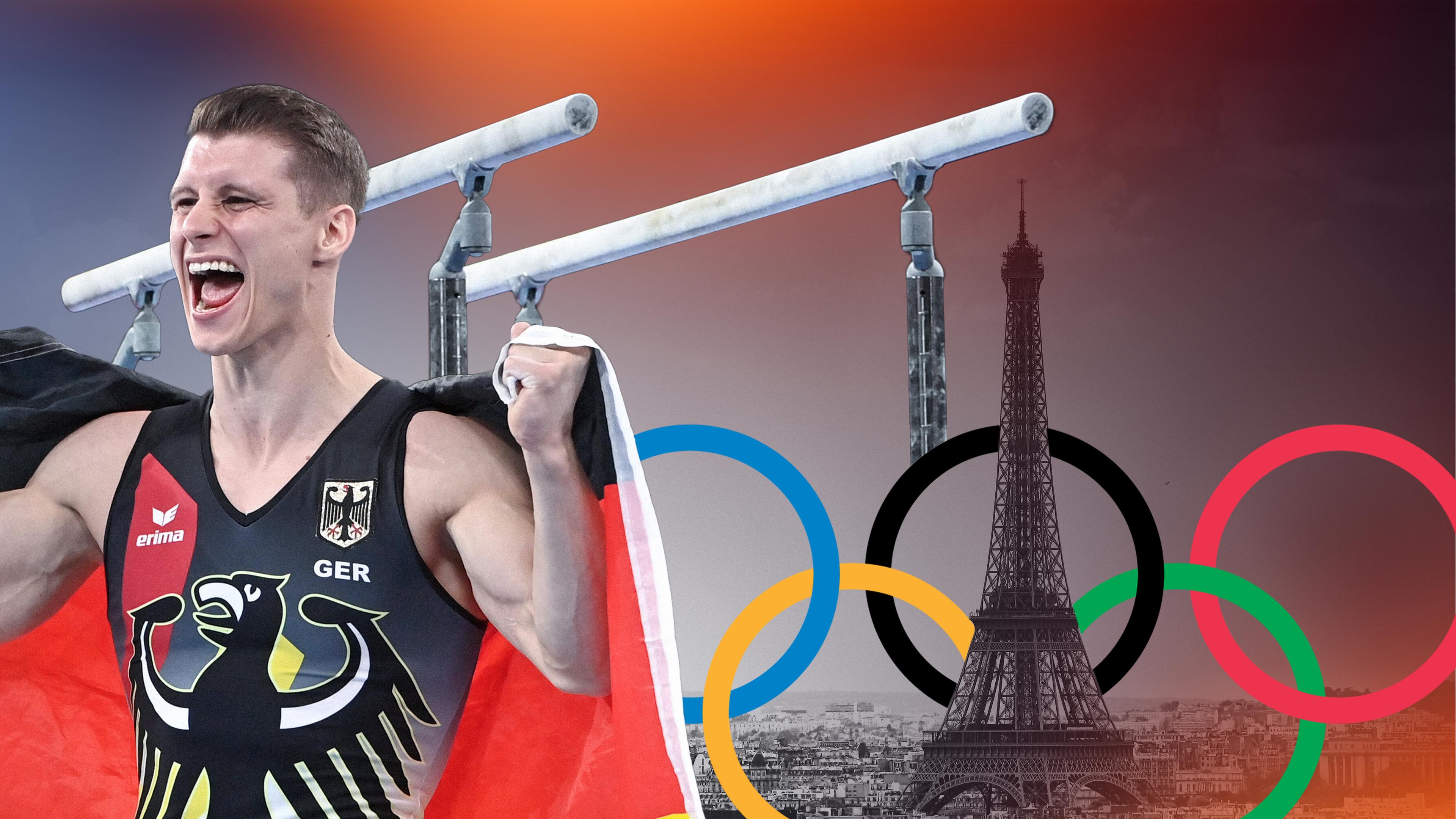 Kunstturner Lukas Dauser vor dem Eiffelturm und den olympischen Ringen