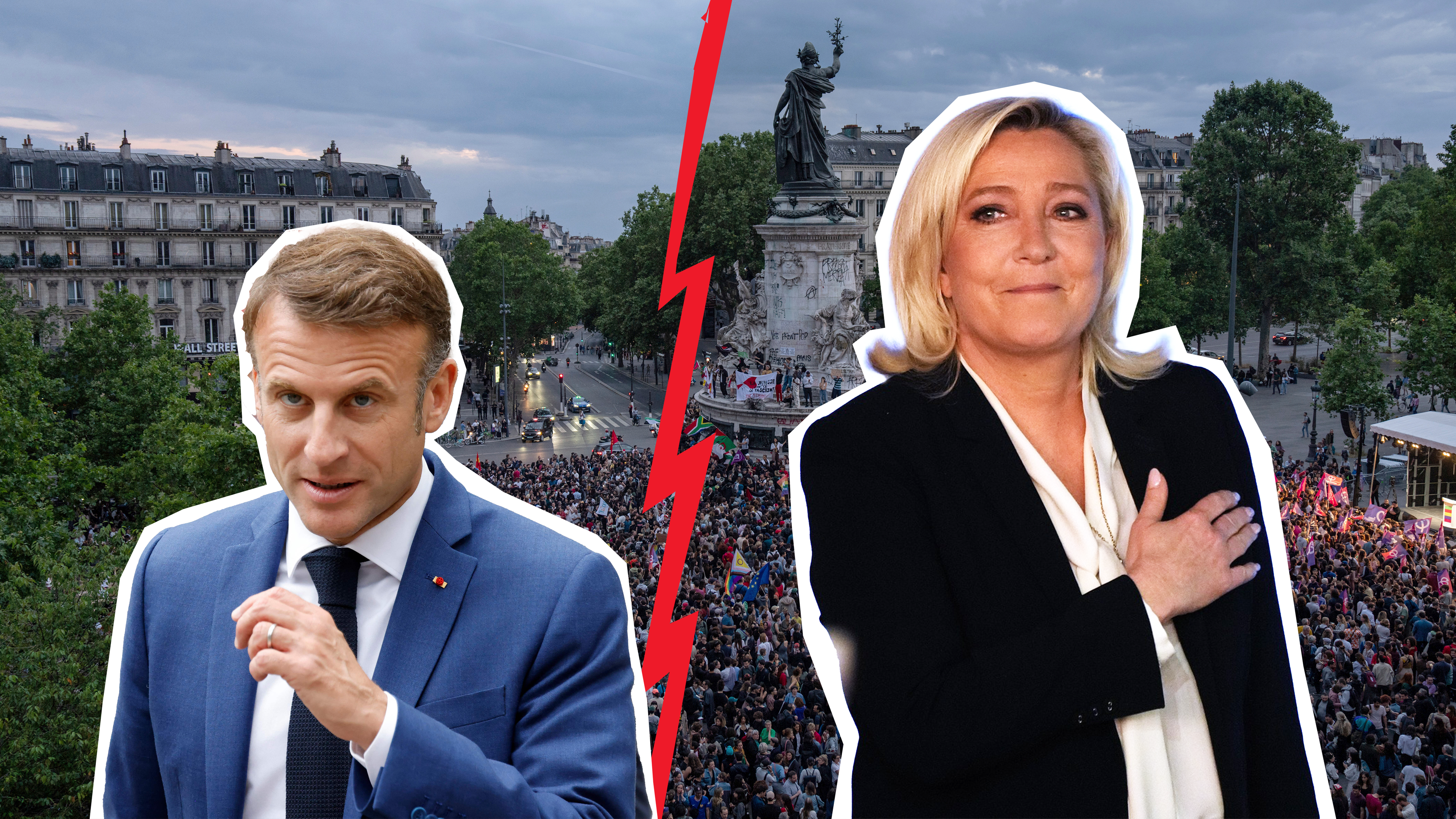 Zerissenes Bild von Demos in Paris, Cutouts von Marine Le Pen und Emmanuel Macron