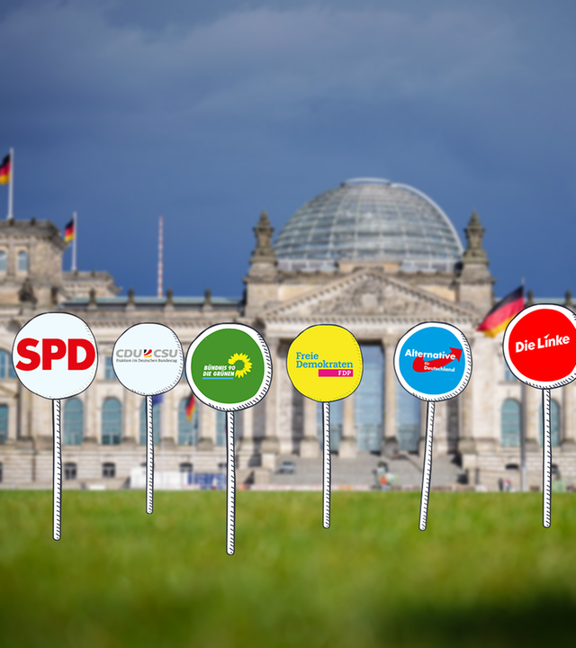 Reichstagsgebäude mit einzelnen Parteien auf Schildern 