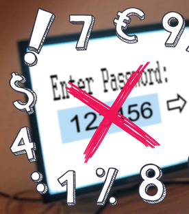 Junge sitzt vor Computer mit Passworteingabe. 123456 durchgestrichen, viele andere Zeichen drumherum.