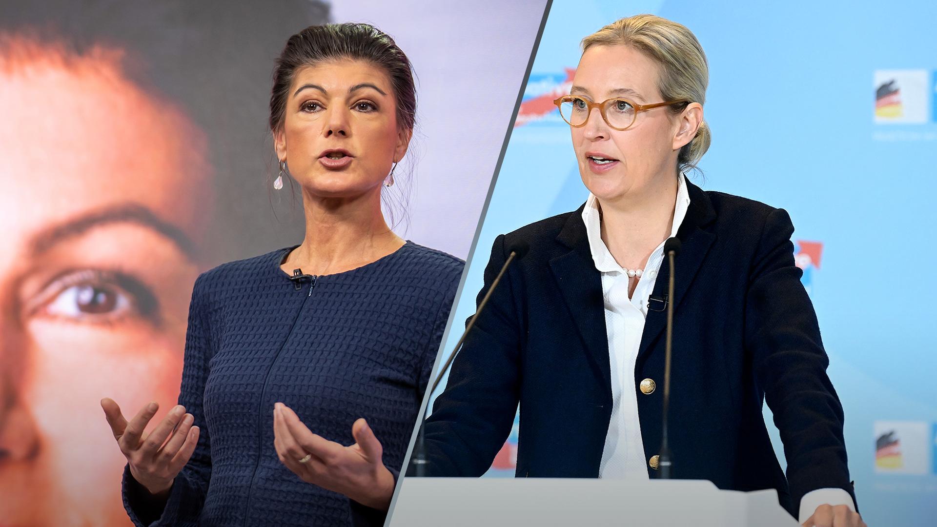 Die BSW-Vorsitzende Sahra Wagenknecht und AfD-Chefin Alice Weidel jeweils an einem Rednerpult