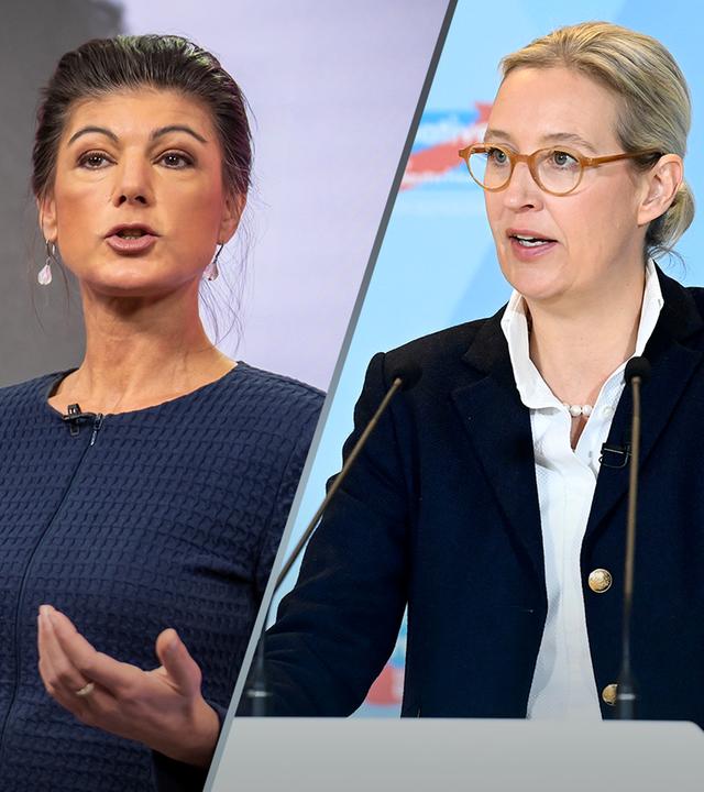 Die BSW-Vorsitzende Sahra Wagenknecht und AfD-Chefin Alice Weidel jeweils an einem Rednerpult