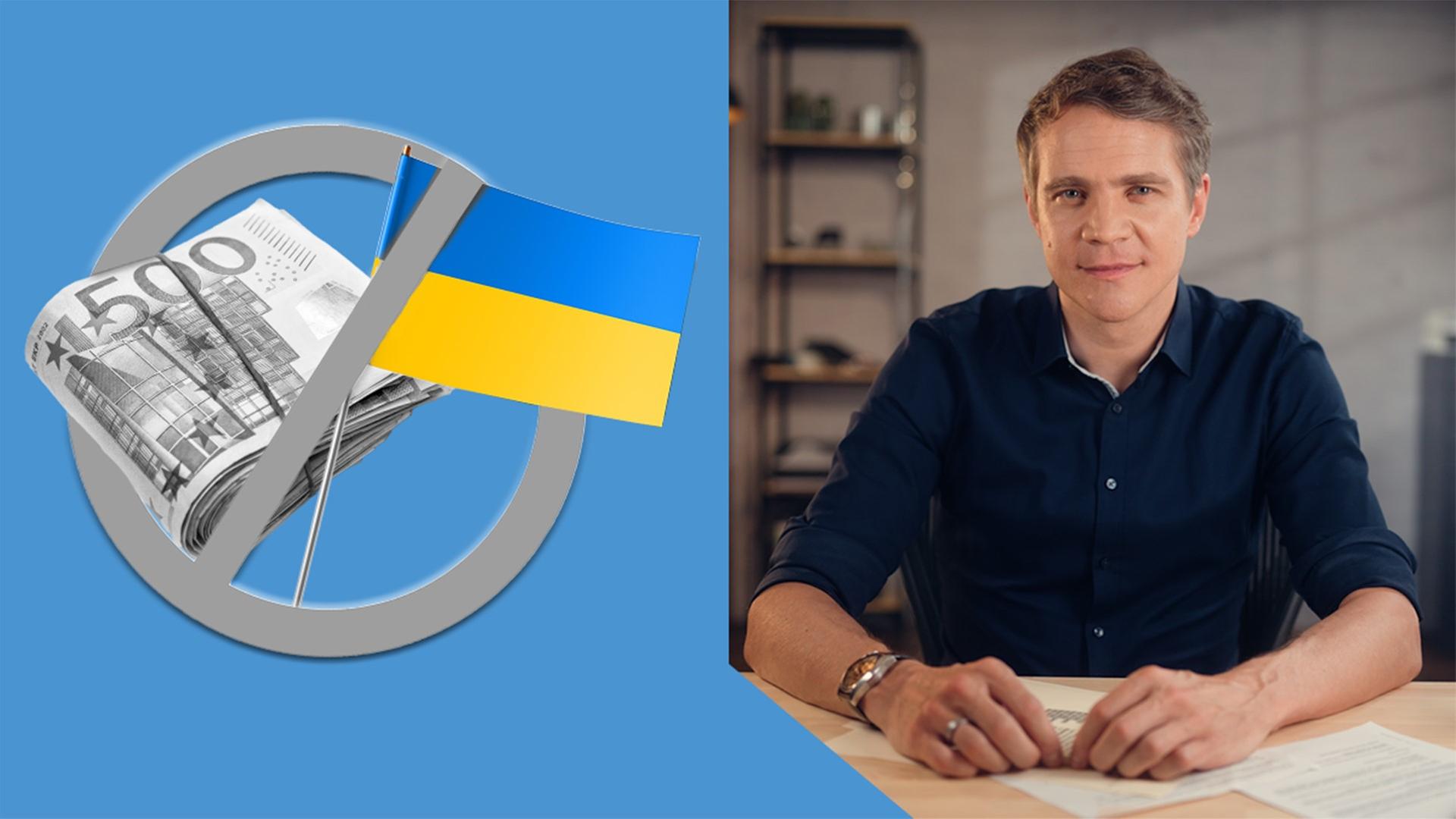 links im Bild: Geldbündel mit 500-Euro-Scheinen, eine Ukraine-Flagge, über beidem ein Kreis mit einem Strich durch - rechts im Bild: ZDF-Hauptstadtkorrespondent Daniel Pontzen am Schreibtisch