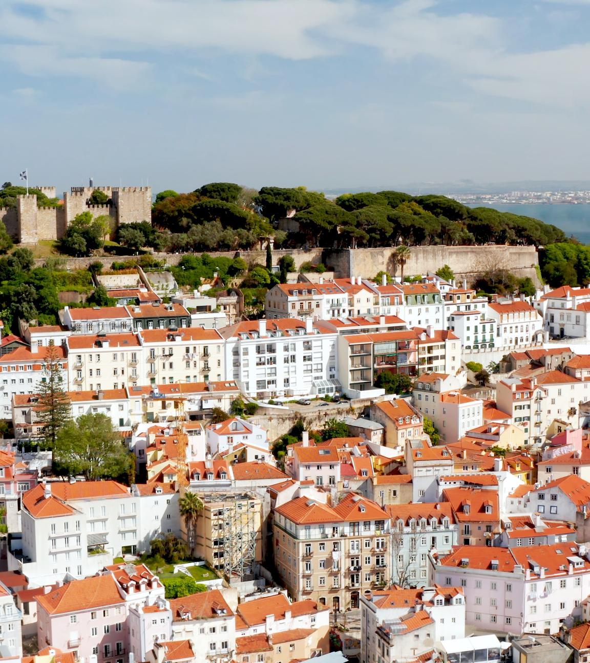 Blick von schräg oben auf den Klosterpalast von Mafra: Die große Palastanlage mit integrierter Kirche und großem Vorplatz steht unter einem blauen Himmel.