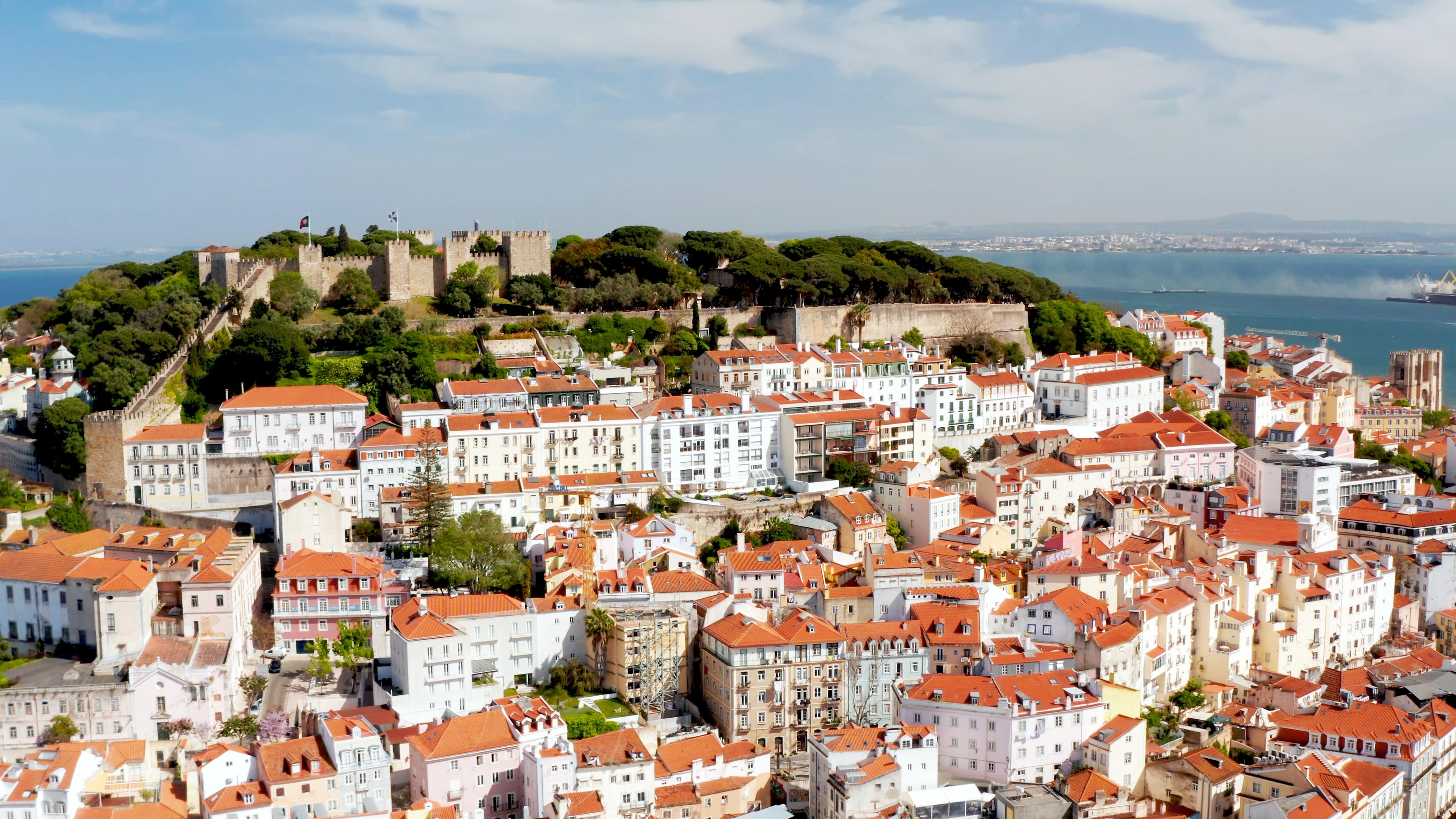 Blick von schräg oben auf den Klosterpalast von Mafra: Die große Palastanlage mit integrierter Kirche und großem Vorplatz steht unter einem blauen Himmel.