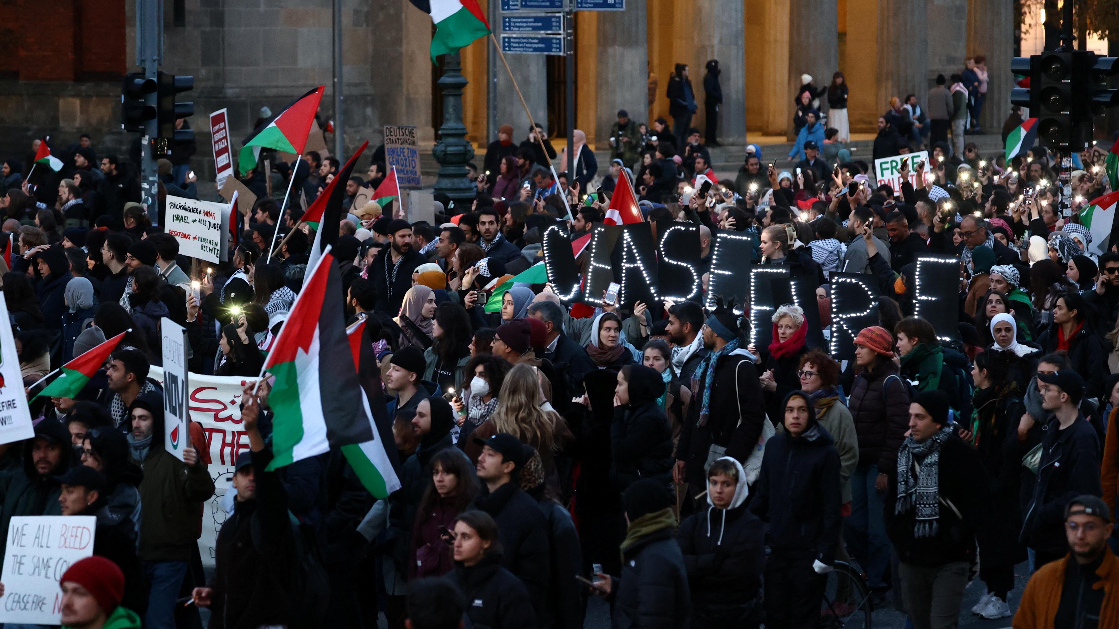 People attend a pro-Palestinian demonstration, amid the ongoing conflict between Israel and Palestinian Islamist group Hamas, in Berlin, Germany, November 4, 2023.