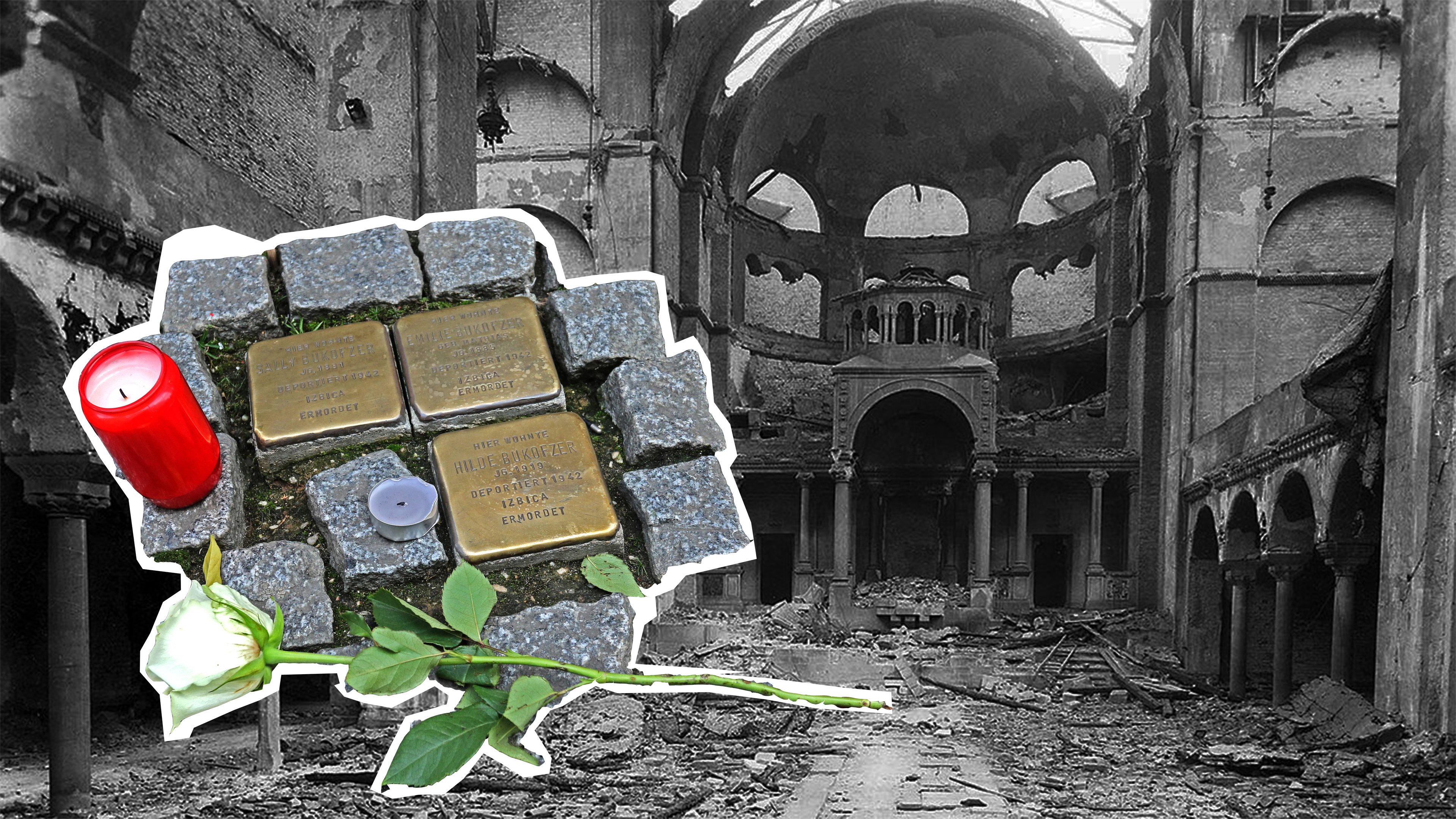 Bild einer zerstörten Synagoge, im Vordergrund Stolpersteine zum Gedenken.