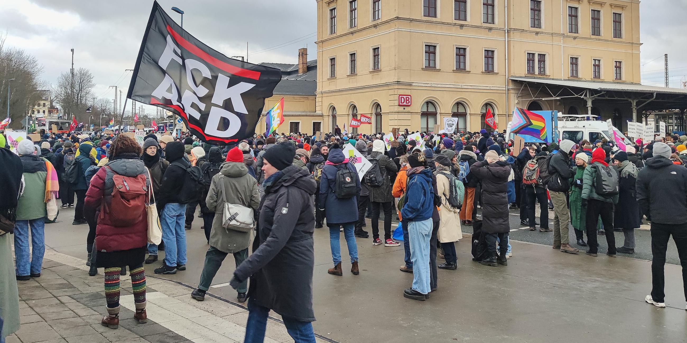 Demonstranten gegen den AfD-Bundesparteitag in Riesa