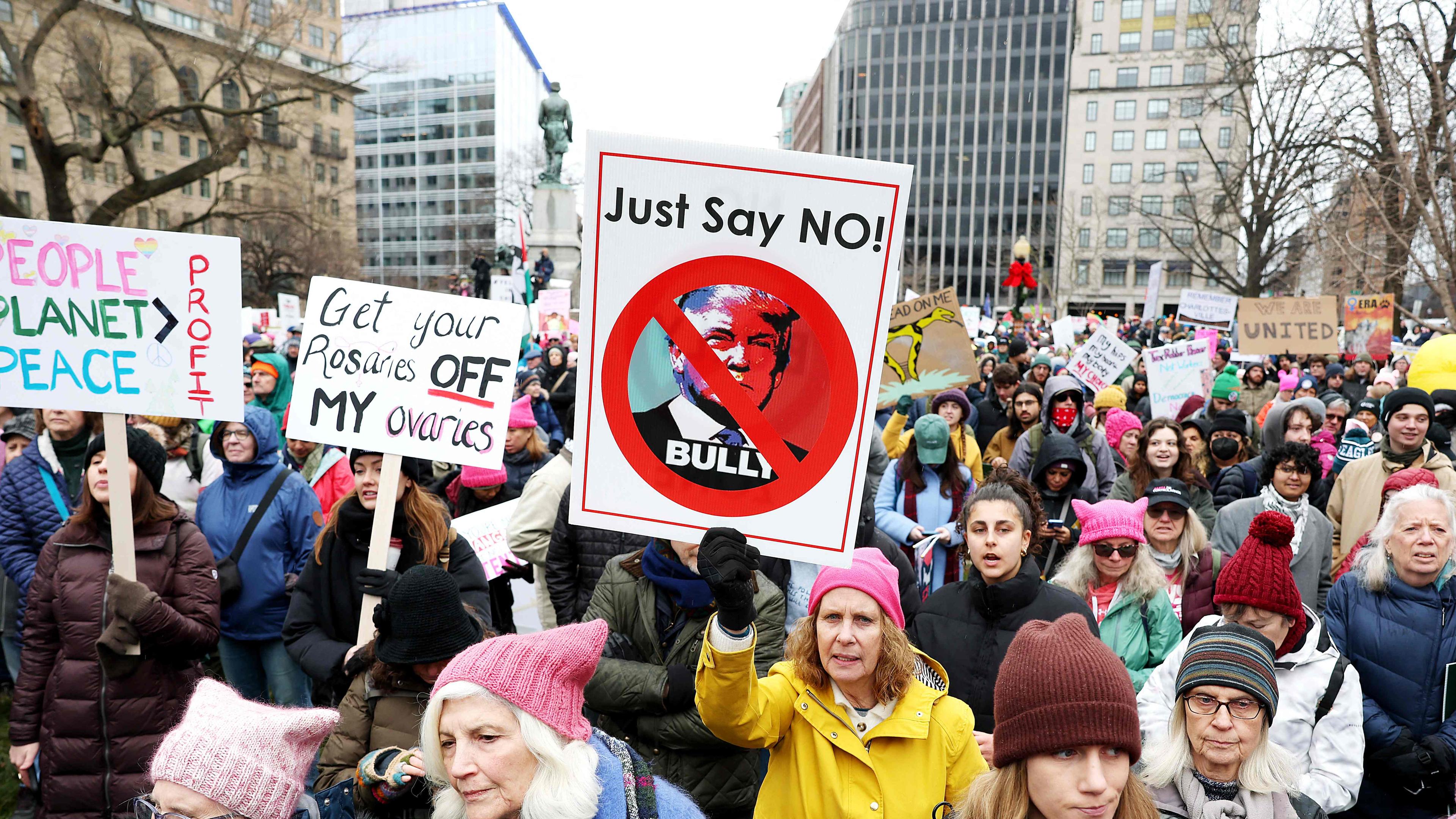 Protestors representing a variety of rights groups join the "People's March on Washington" on January 18, 2025 in Washington, DC.