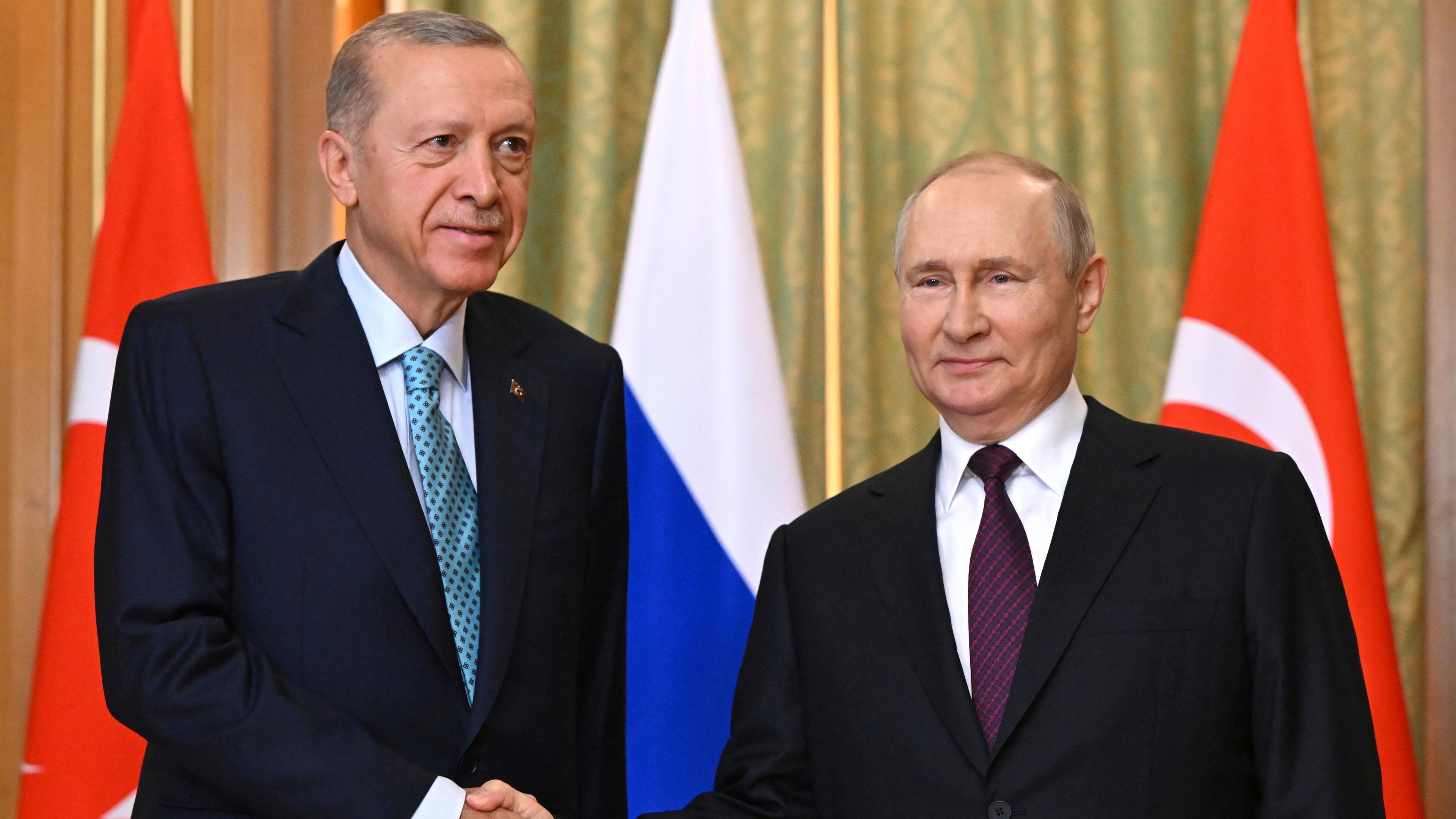 Wladimir Putin (r), Präsident von Russland und Recep Tayyip Erdogan, Präsident der Türkei, während eines Treffens.