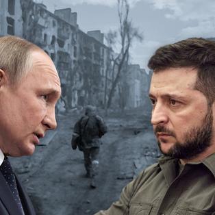 Montase: Vladimir Putin dan Volodymyr Selensky dalam kilat di Mariupol