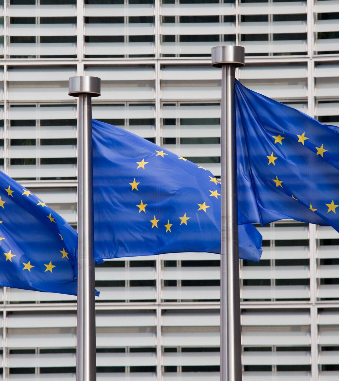 Symbolbild: Flaggen der EU vor Gebäude des europäischen Rats