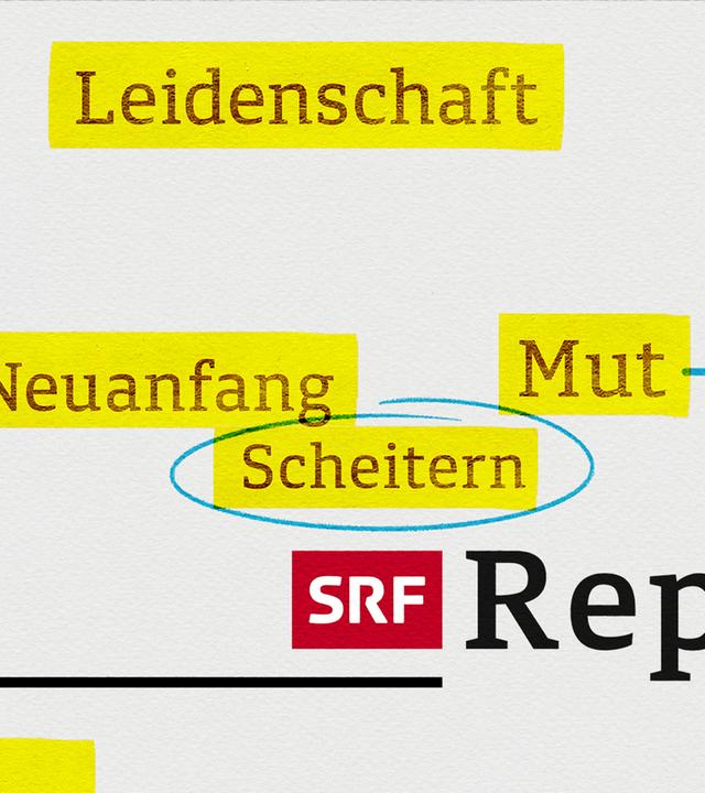 Wörter wie "Schicksal", "Mut", "Scheitern", "Wendepunkt", "Leben", "Neugier" in gelben Rechtecken auf hellgrauem Fond