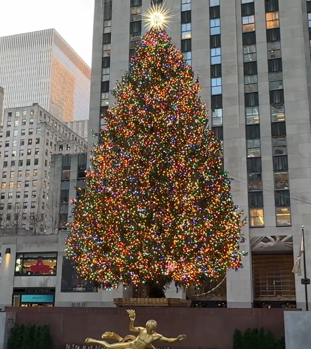 Ein großer Christbaum steht vor dem Rockefeller Center in New York City.