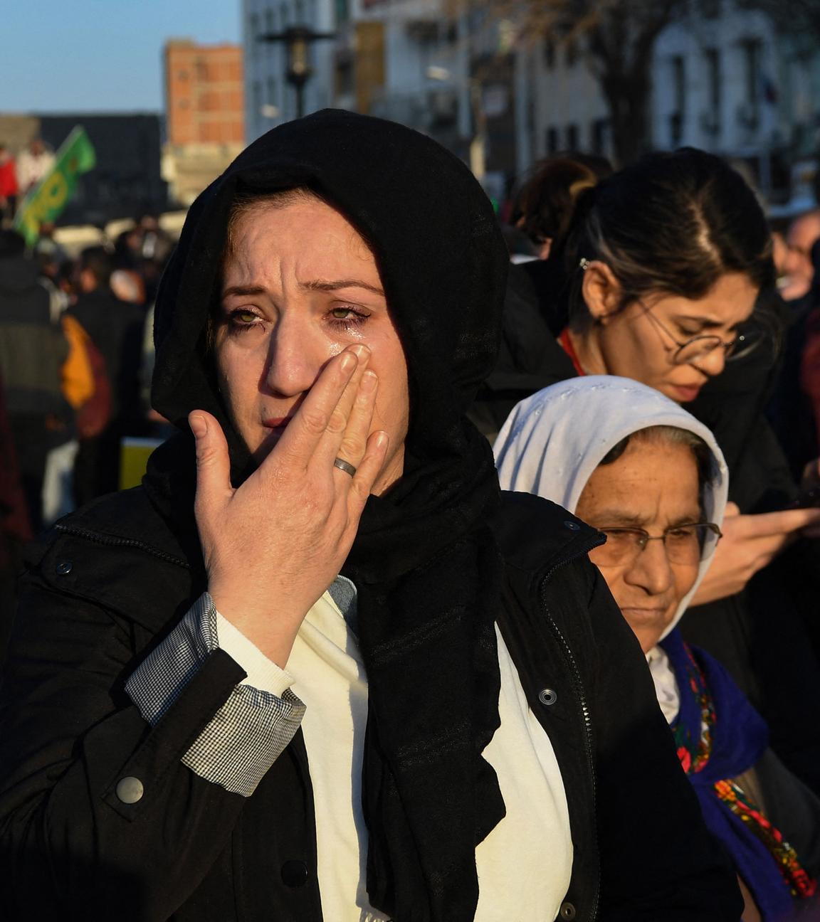 Supporters react after jailed leader of the Kurdistan Workers' Party (PKK) Abdullah Ocalan, 75, called on the Kurdistan Workers' Party (PKK) to disarm and dissolve itself in Diyarbakir, southeastern Turkey, on February 27, 2025.