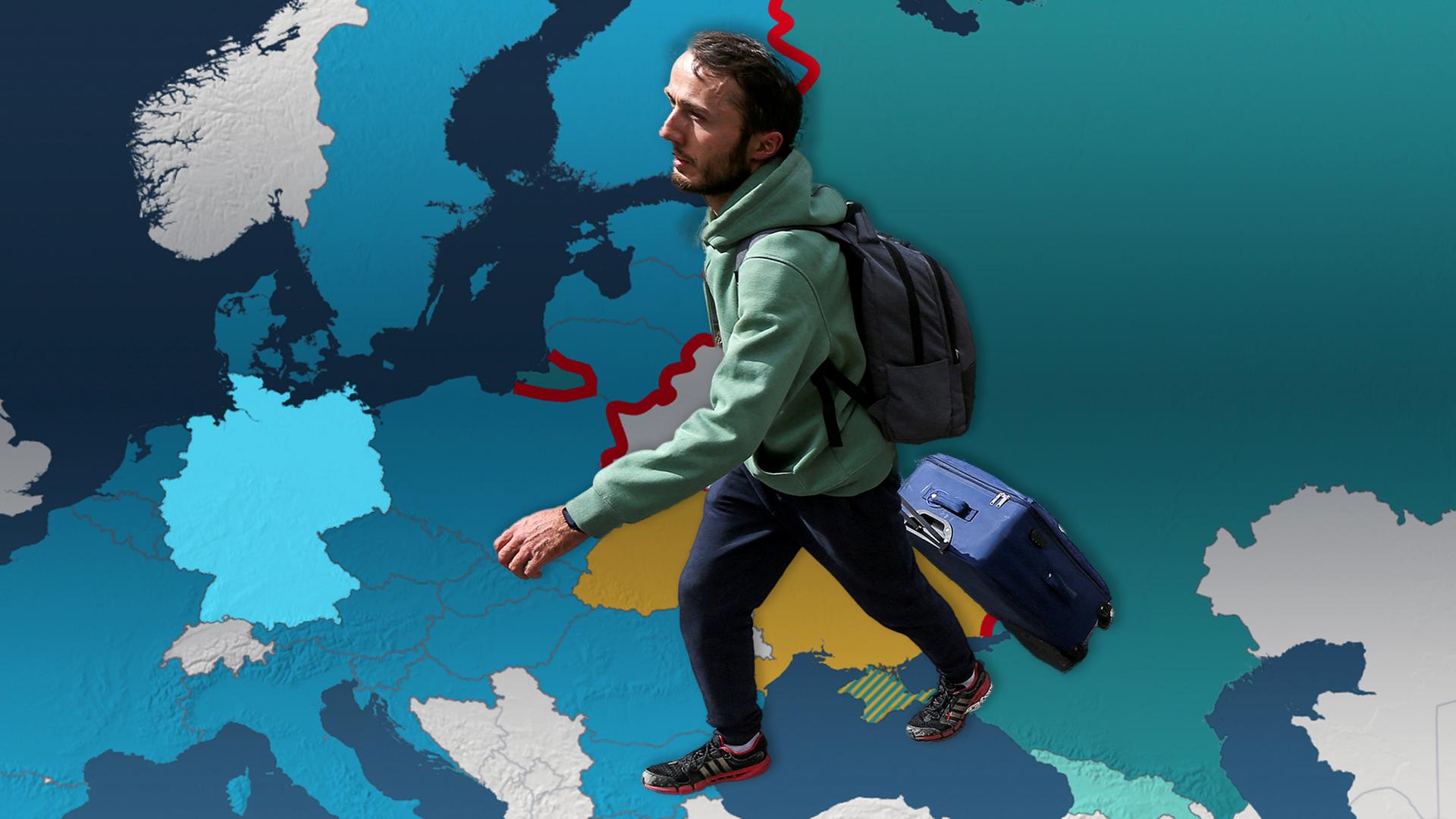 Mensch läuft mit Koffer. Im Hintergrund: Karte von Europa und Russland