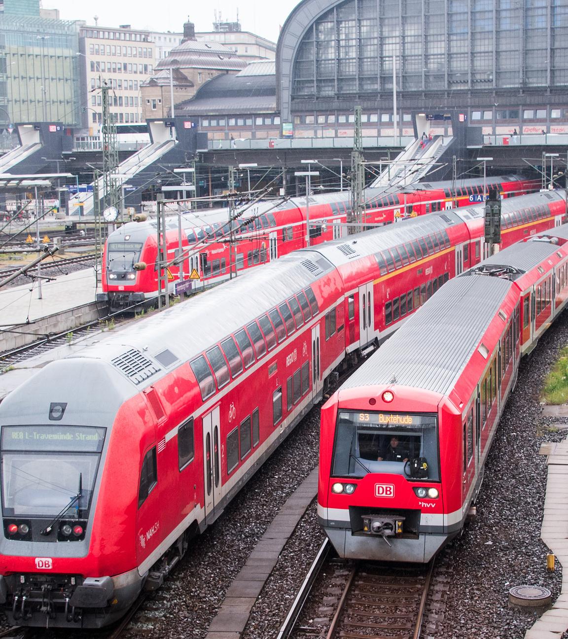 Züge der Regionalbahn und der S-Bahn stehen und fahren im Hauptbahnhof Hamburg