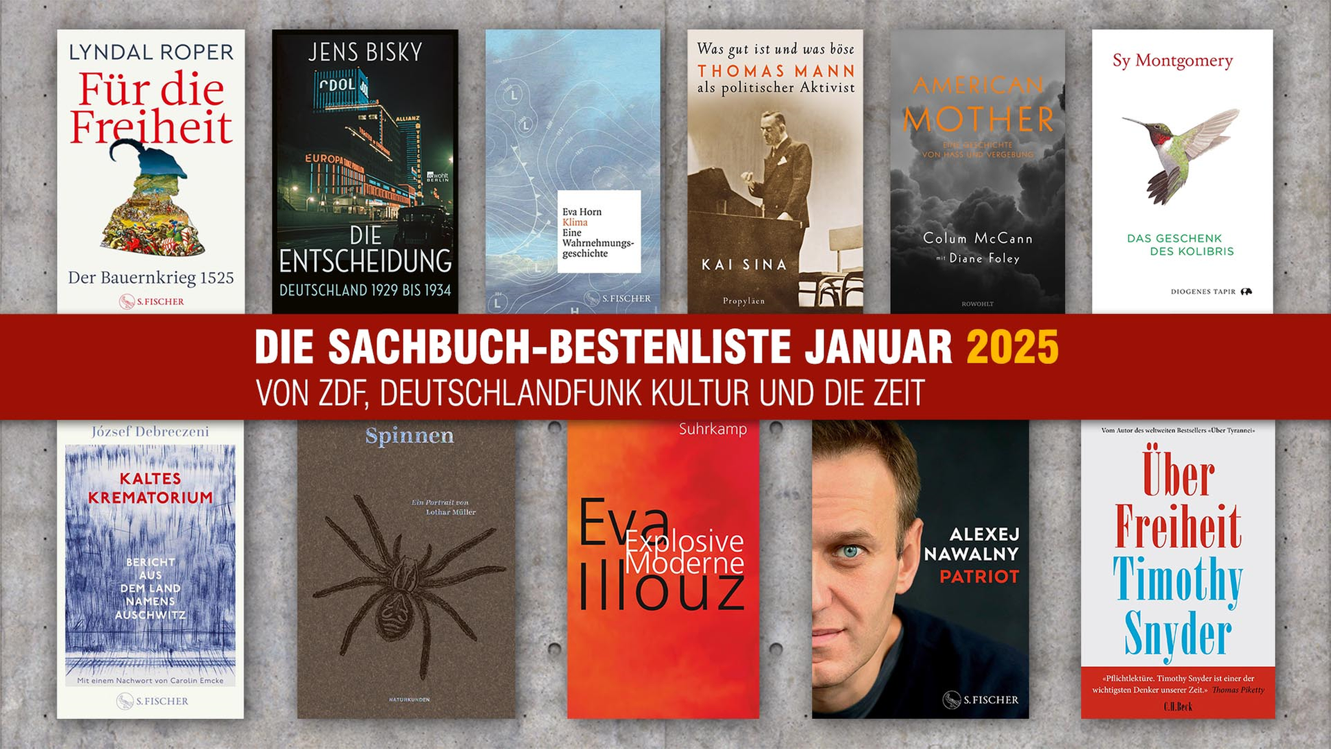 Die elf Buchcover der Sachbuchbestenliste Januar 2025.