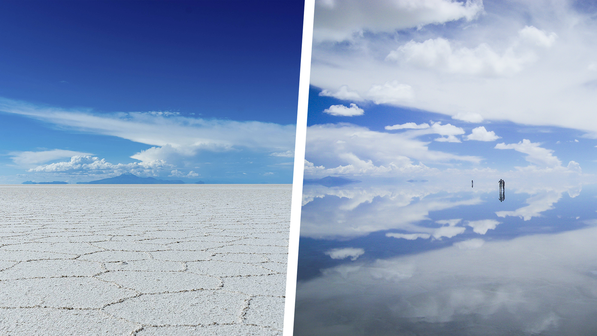 Die Salzkruste des Salzsees Salar de Uyuni bei blauem Himmel