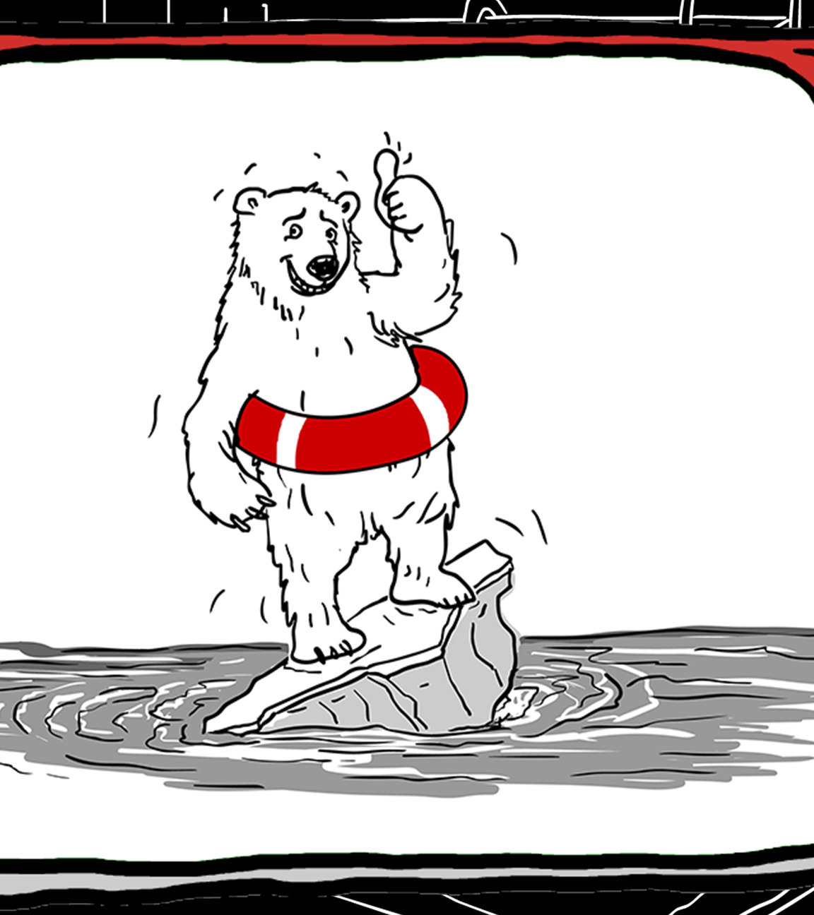 Zeichnung: Fernsehbild mit Eisbären und Rettungsring auf einem Stück Eisscholle