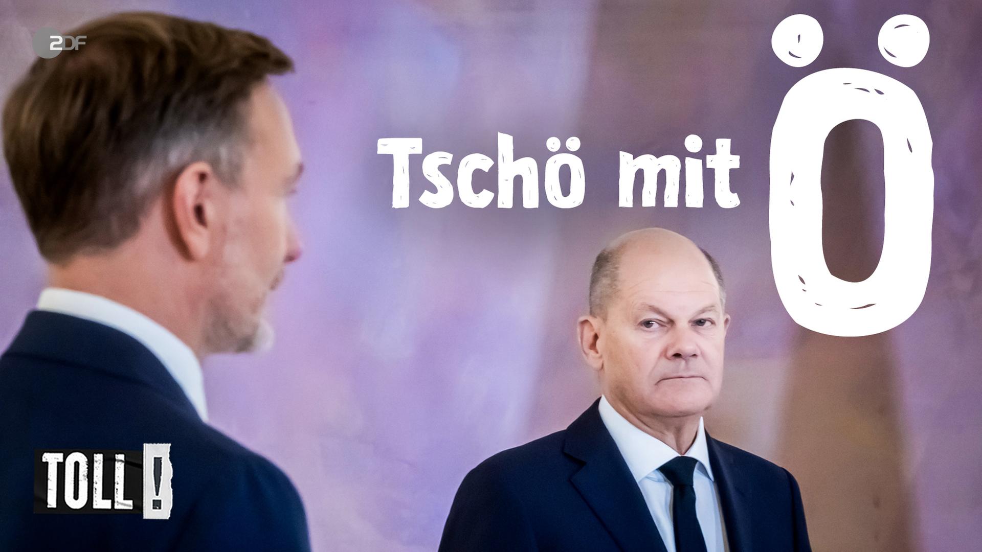 FDP-Parteichef Christian Lindner mit dem Rücken zum Betrachter schaut Bundeskanzler Olaf Scholz an, der mit leerem Blick an Lindner vorbei ins Bild schaut. Titelgrafik: Tschö mit Ö