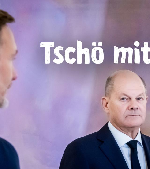 FDP-Parteichef Christian Lindner mit dem Rücken zum Betrachter schaut Bundeskanzler Olaf Scholz an, der mit leerem Blick an Lindner vorbei ins Bild schaut. Titelgrafik: Tschö mit Ö