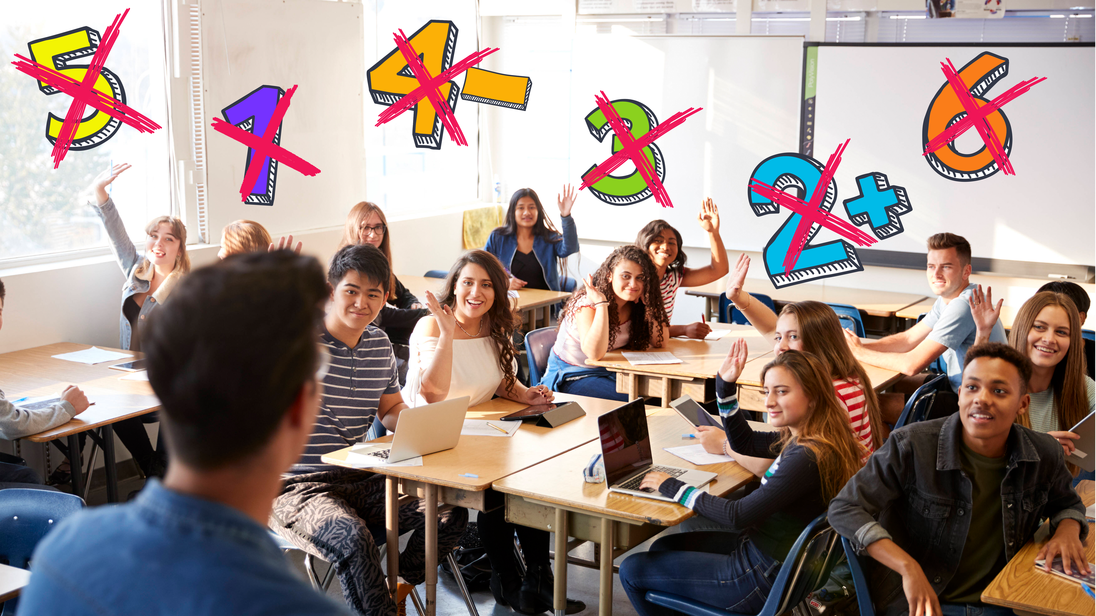 Klassenraum mit durchgestrichenen bunten Noten