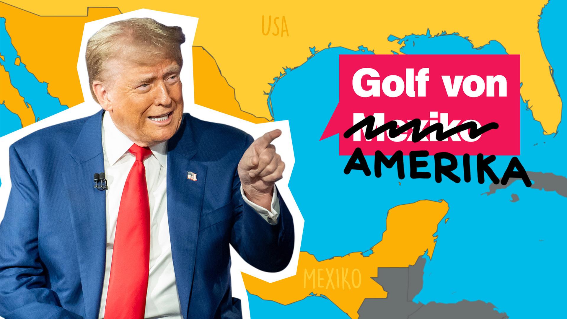 Sendungsteaser 26. Januar 2025: Donald Trump, Golf von "Mexiko" durchgestrichen