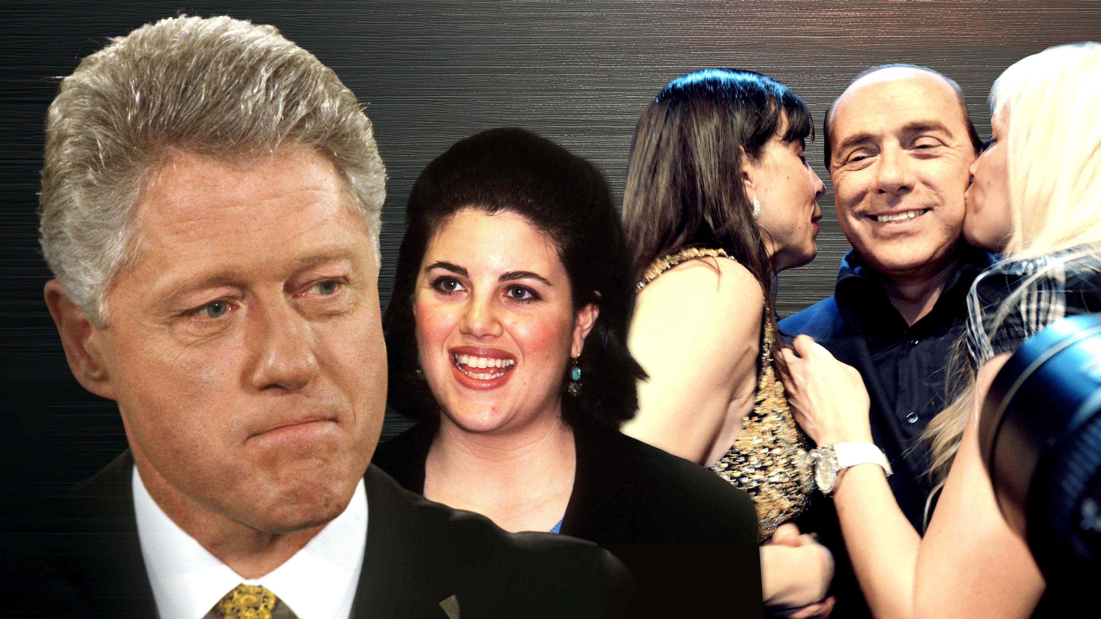 Collage von Porträts von Bill Clinton. Monica Lewinsky und Silvio Berlusconi, der von zwei Frauen links und rechts auf die Wangen geküsst wird.