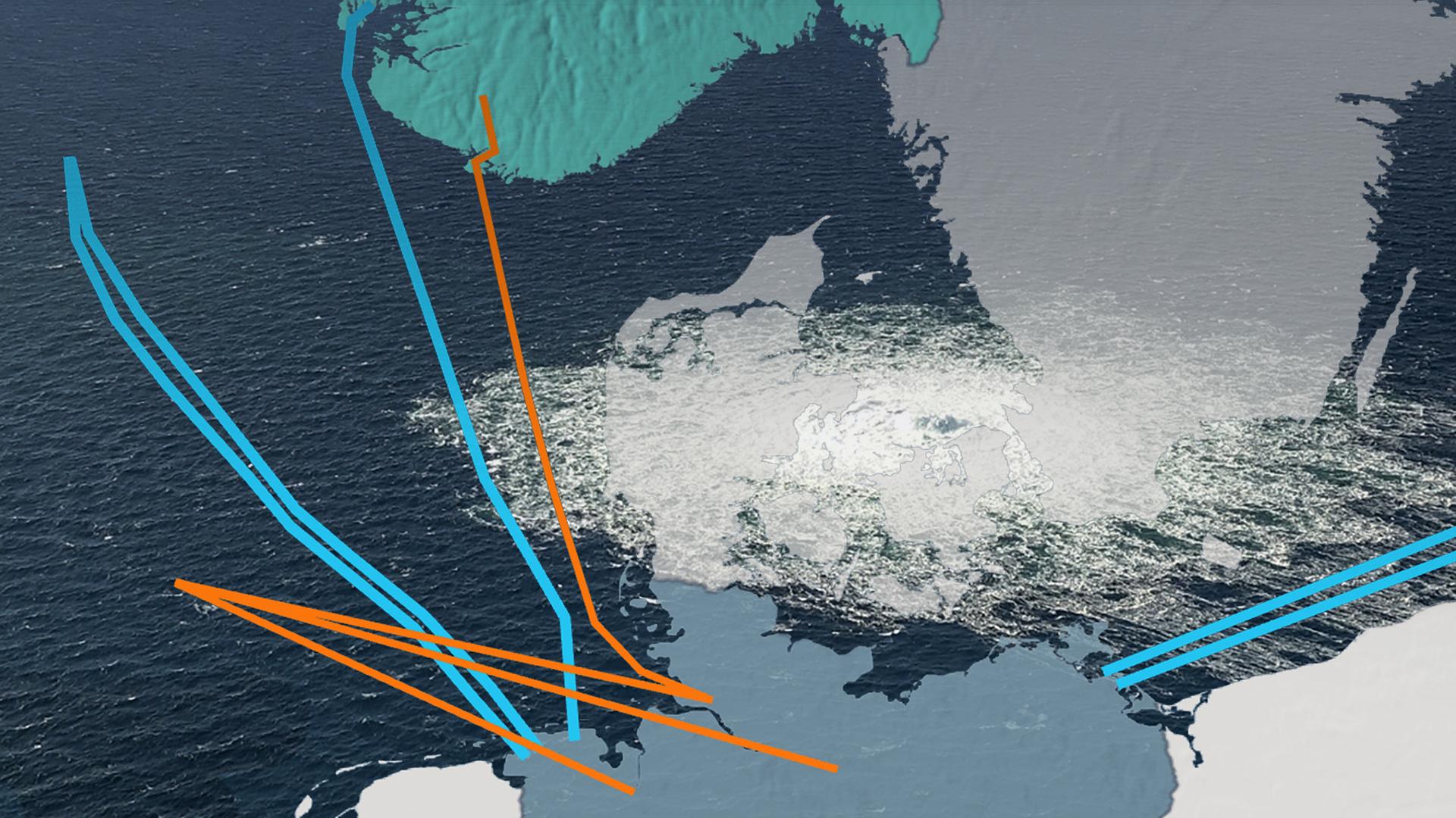 Eine Karte von Nordeuropa, in welcher Pipelines und Unterseekabel eingezeichnet sind. Im Hintergrund ein Bild der Nordsee, in welchem Gas aus einem Pipeline-Leck aufsprudelt.