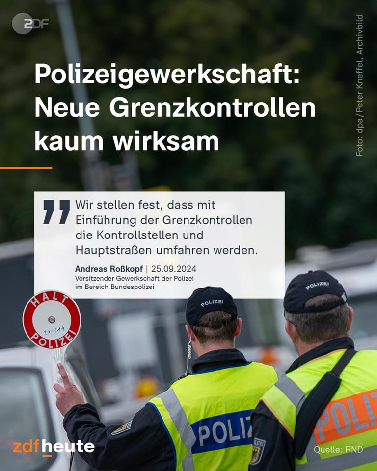 Polizeigewerkschaft: Neue Grenzkontrollen kaum wirksam - wenige unerlaubt Einreisende und Schleuser aufgegriffen. Andreas Roßkopf, Vorsitzender Gewerkschaft der Polizei im Bereich Bundespolizei: „Wir stellen fest, dass mit Einführung der Grenzkontrollen die Kontrollstellen und Hauptstraßen umfahren werden.“